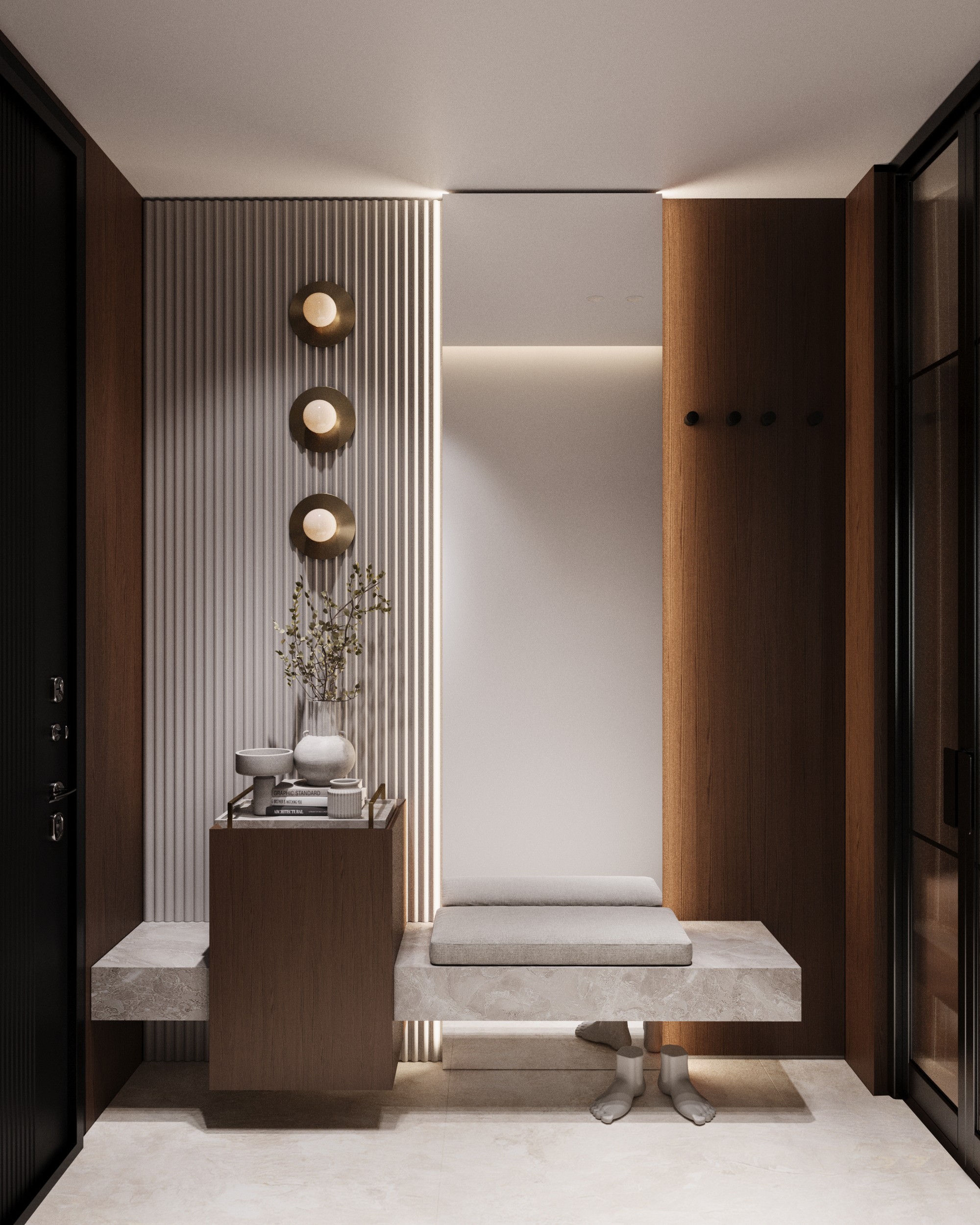 Entrance hall with bench, wall lights and fluted panel, Shega19 house in Tetovo