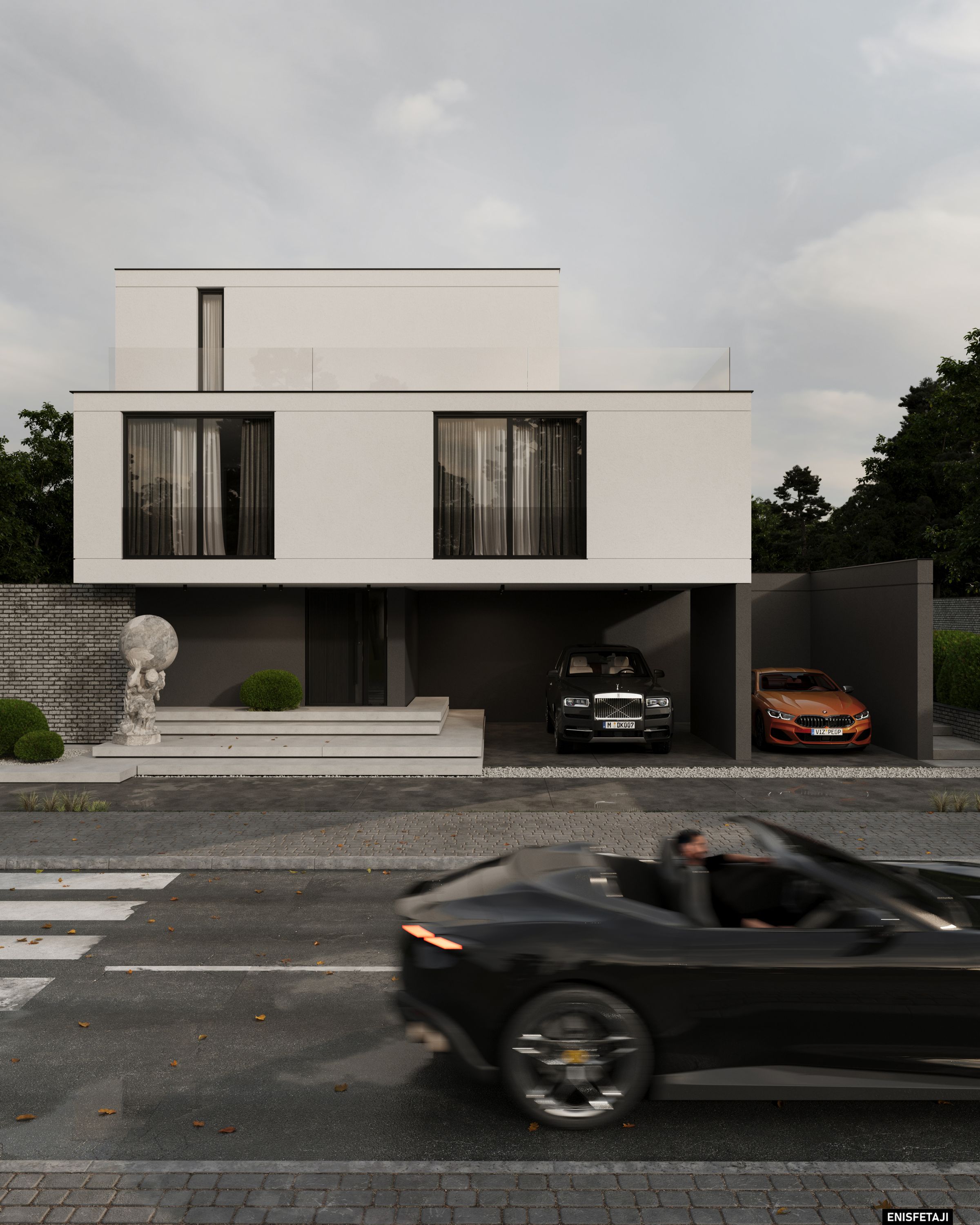 Modern white house with carport and sculpture, Kreuzlingen, Switzerland