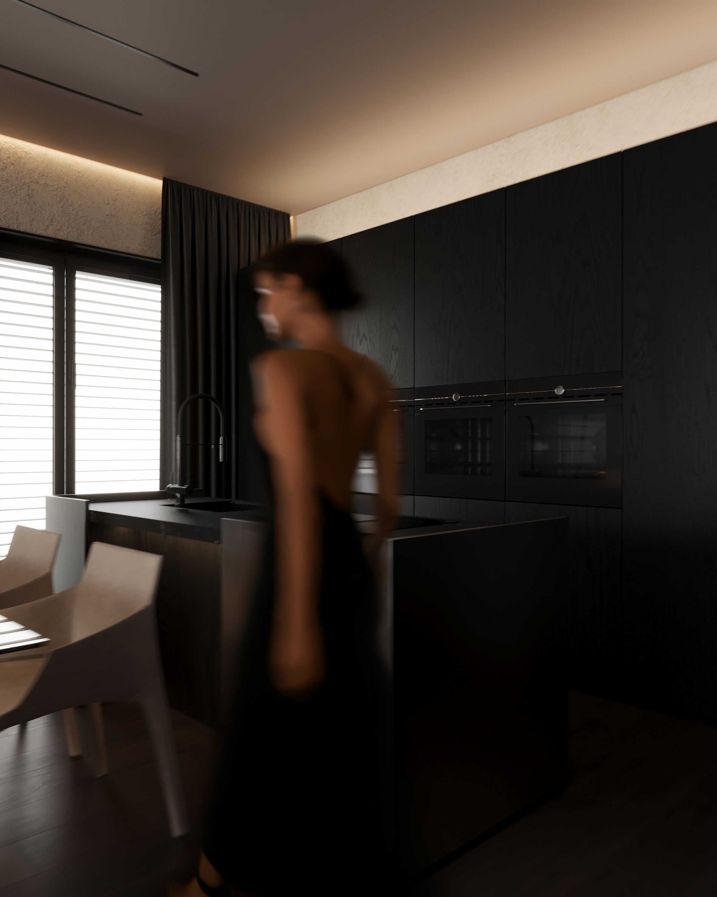 Black kitchen island with built-in ovens, Dark One apartment in Tetovo