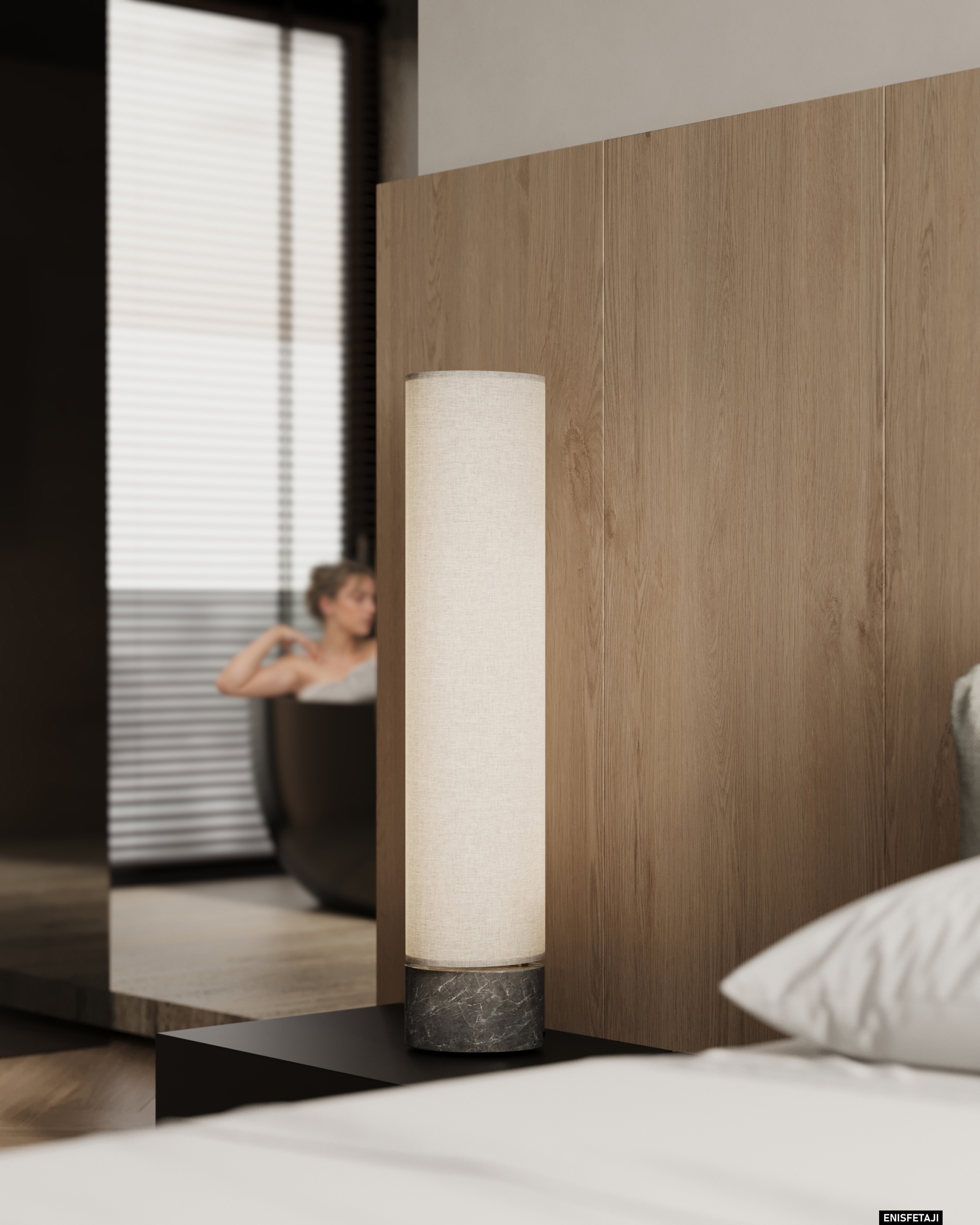 Paper floor lamp beside a wood wall in the bedroom, Cream House in Gostivar