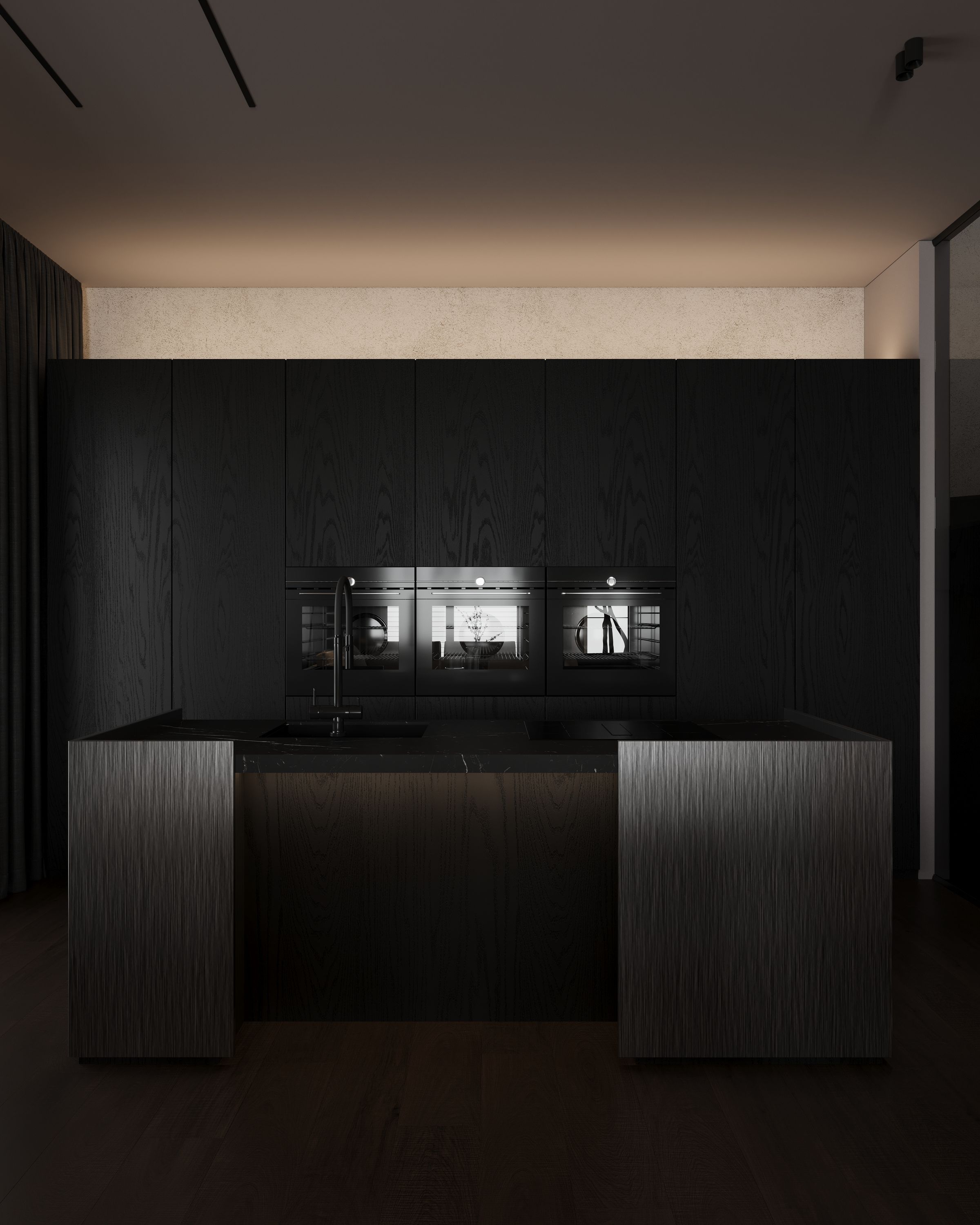All-black kitchen with fluted island and lit ovens, Dark One apartment in Tetovo