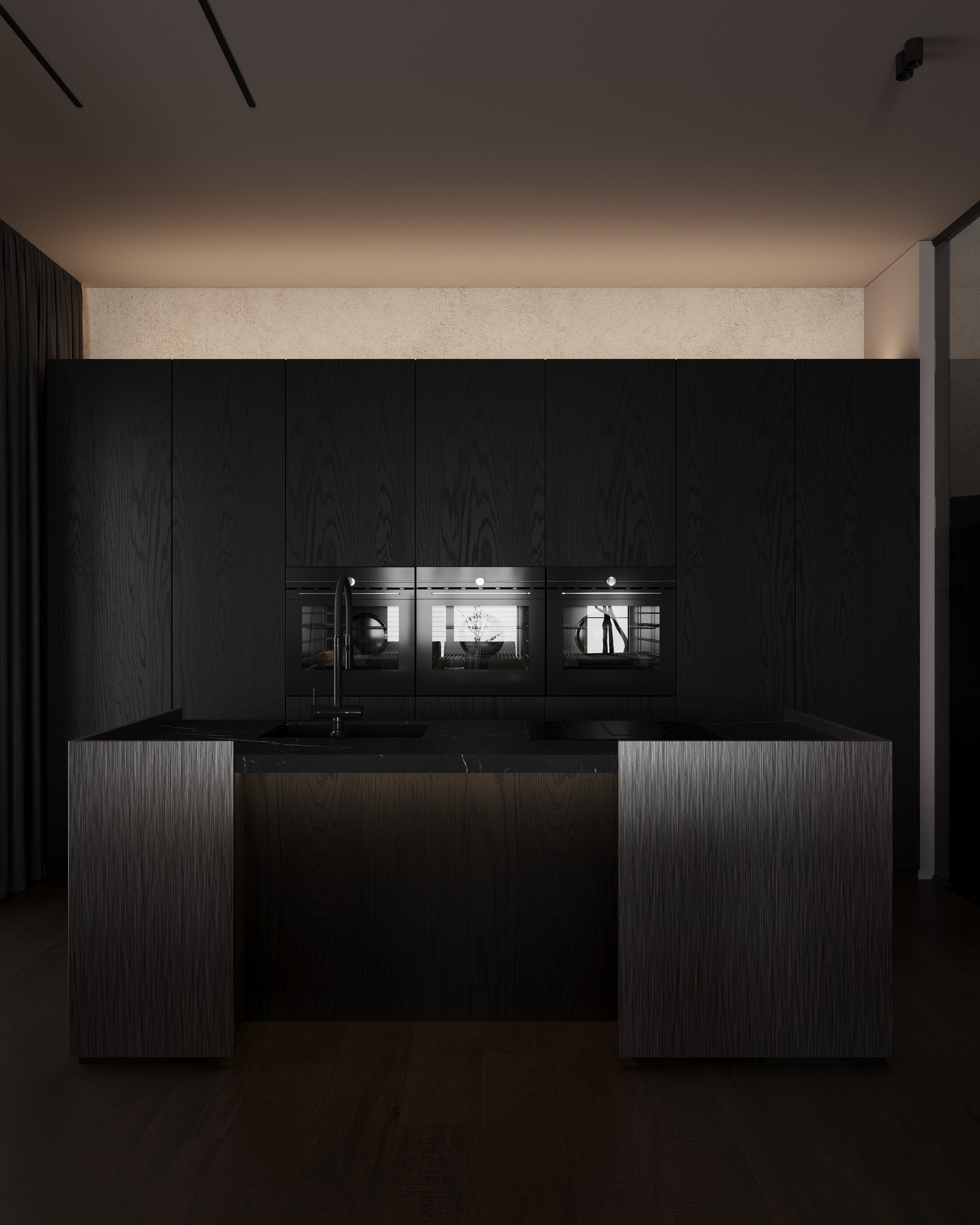 All-black kitchen with fluted island and lit ovens, Dark One apartment in Tetovo