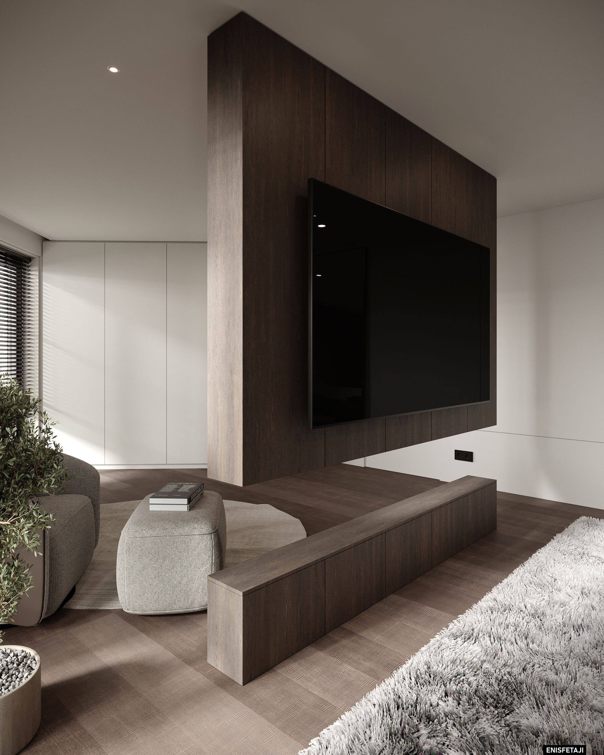 Bedroom with TV on a wood partition wall, house in Aadorf, Switzerland