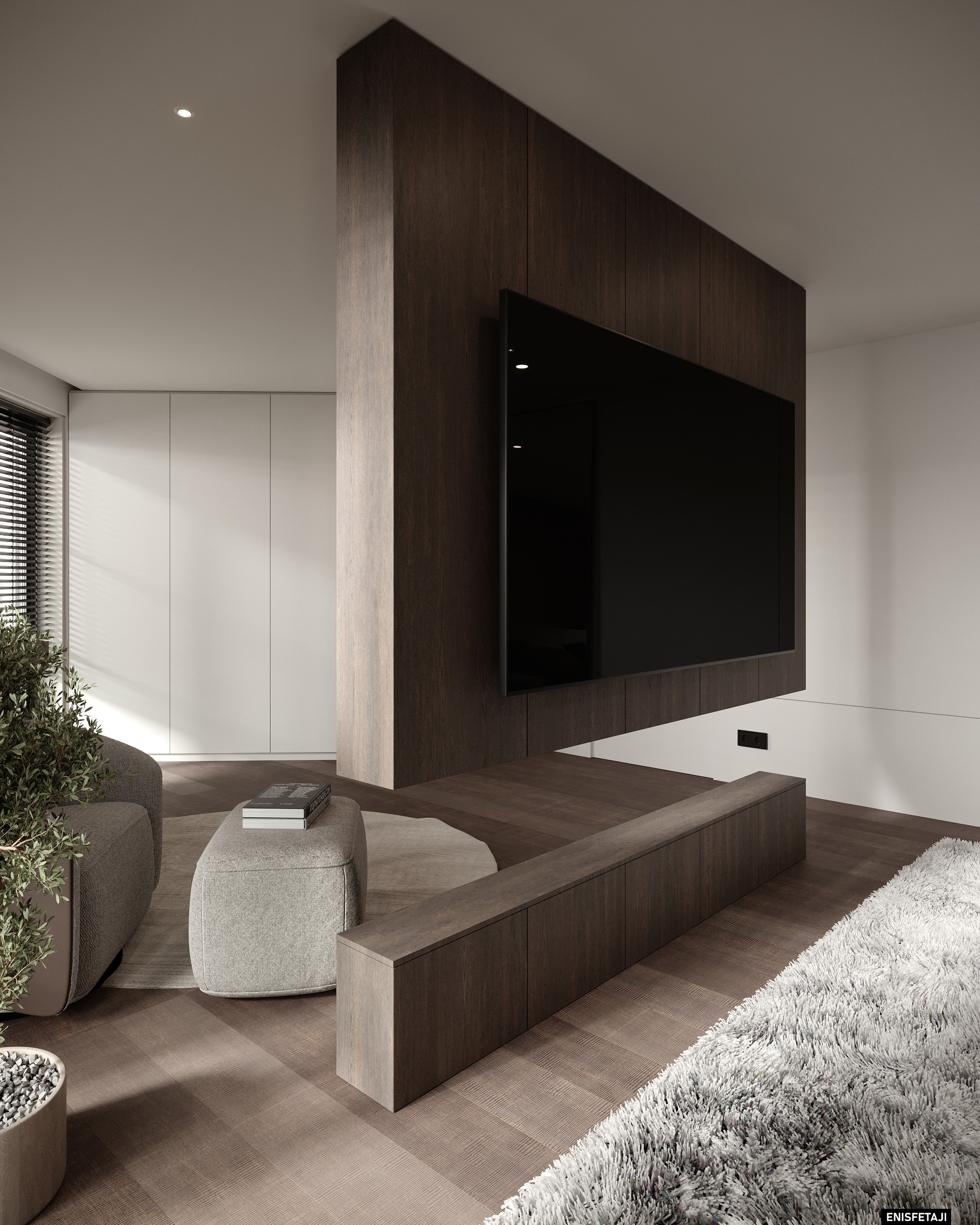 Bedroom with TV on a wood partition wall, house in Aadorf, Switzerland