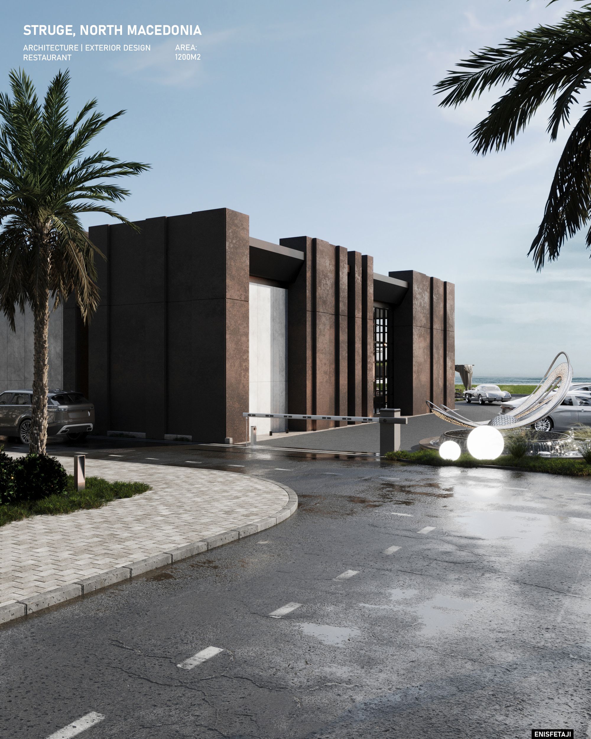 Restaurant building with rusted steel facade and palm trees, Struga