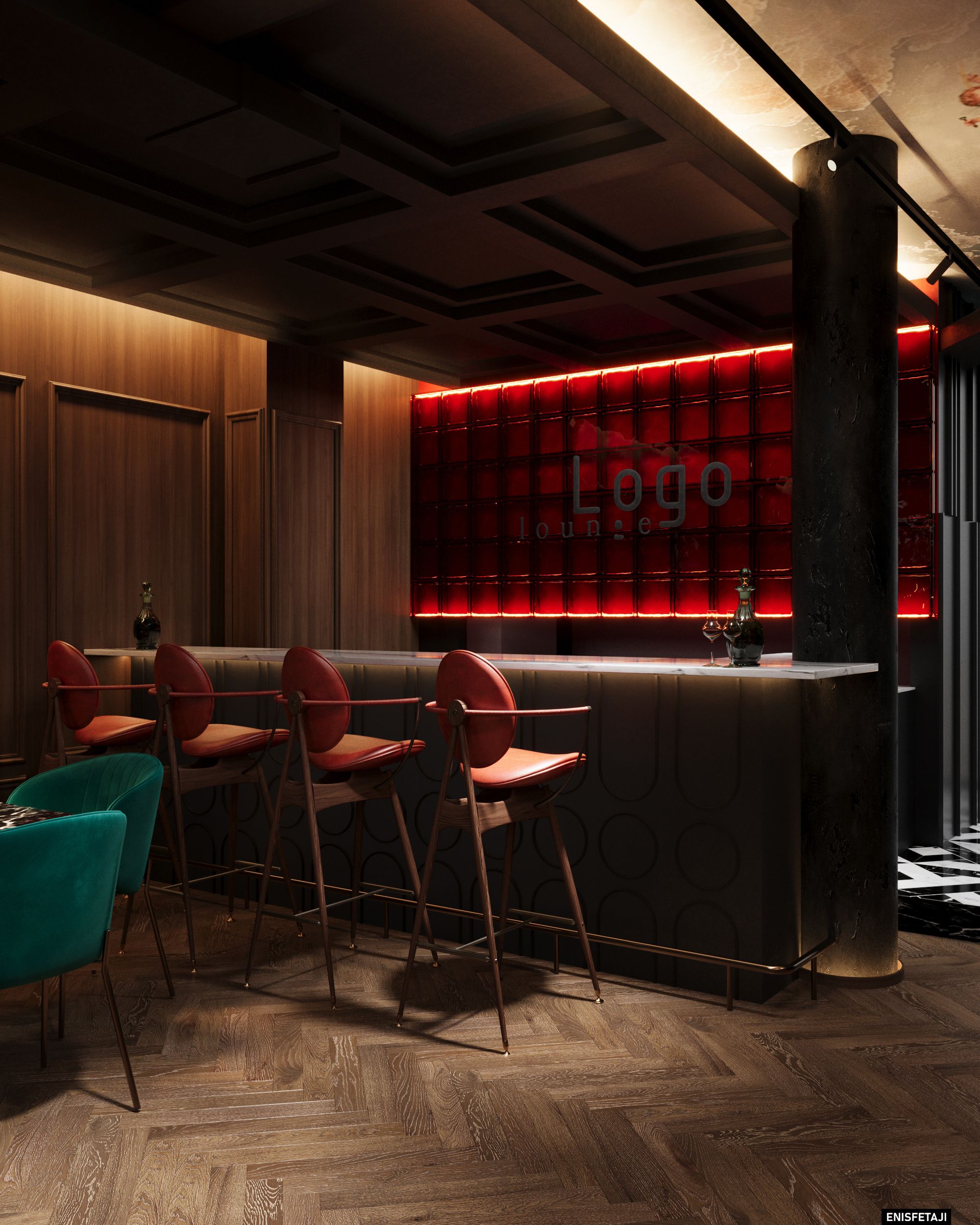 Bar with red stools and red backlit wall, Turquoise Lounge in Gostivar
