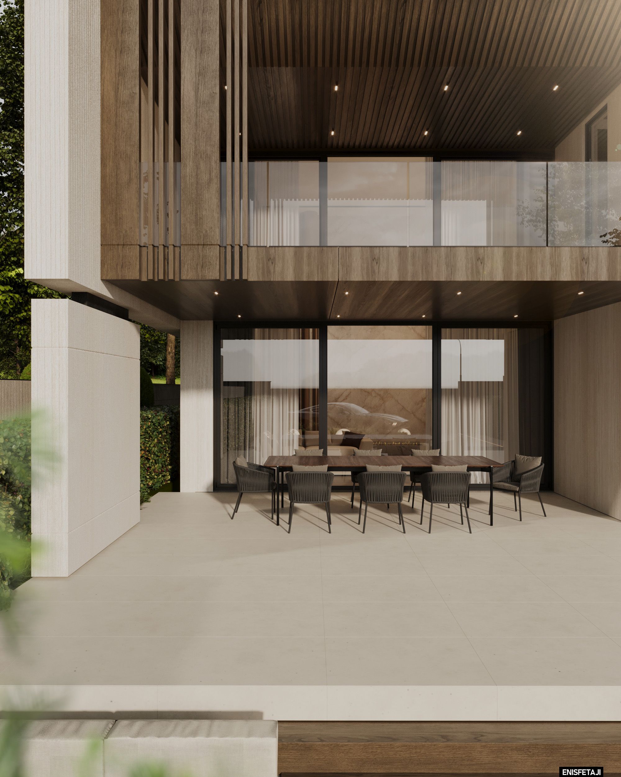 Covered terrace with dining table under wood slats, Travertine Villa in Gostivar