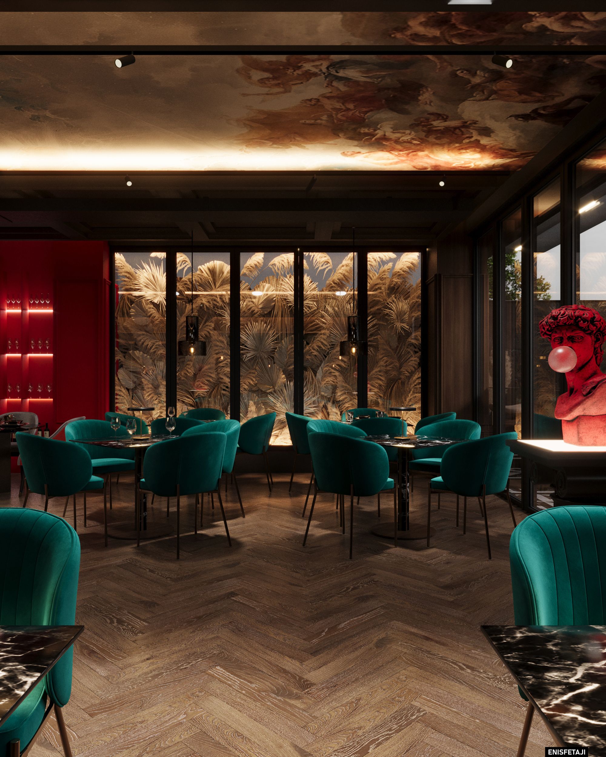 Dining area with teal chairs and a gold leaf wall, Turquoise Lounge in Gostivar