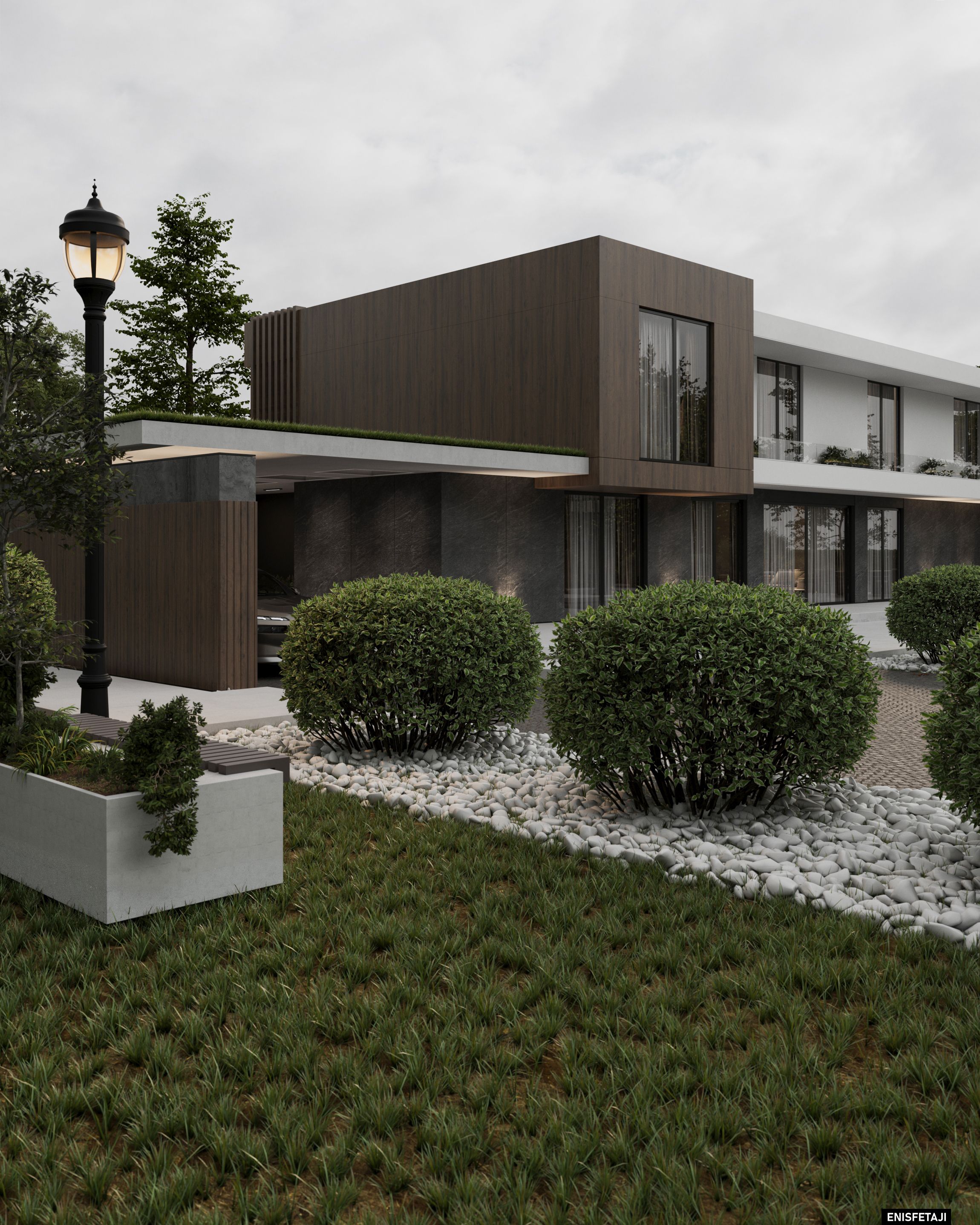 Modern villa entrance with wood cladding, lamp post and landscaped garden