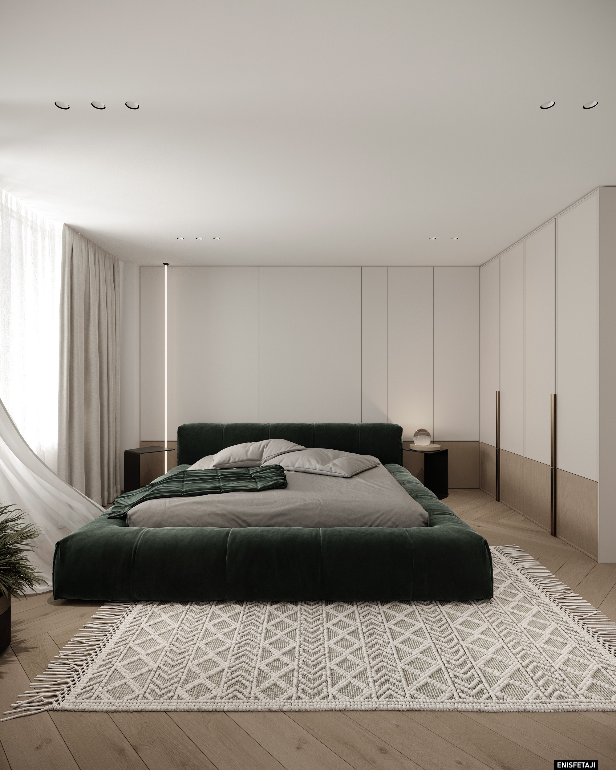 Guest bedroom with dark green velvet bed and patterned rug, apartment GV22 in Gostivar