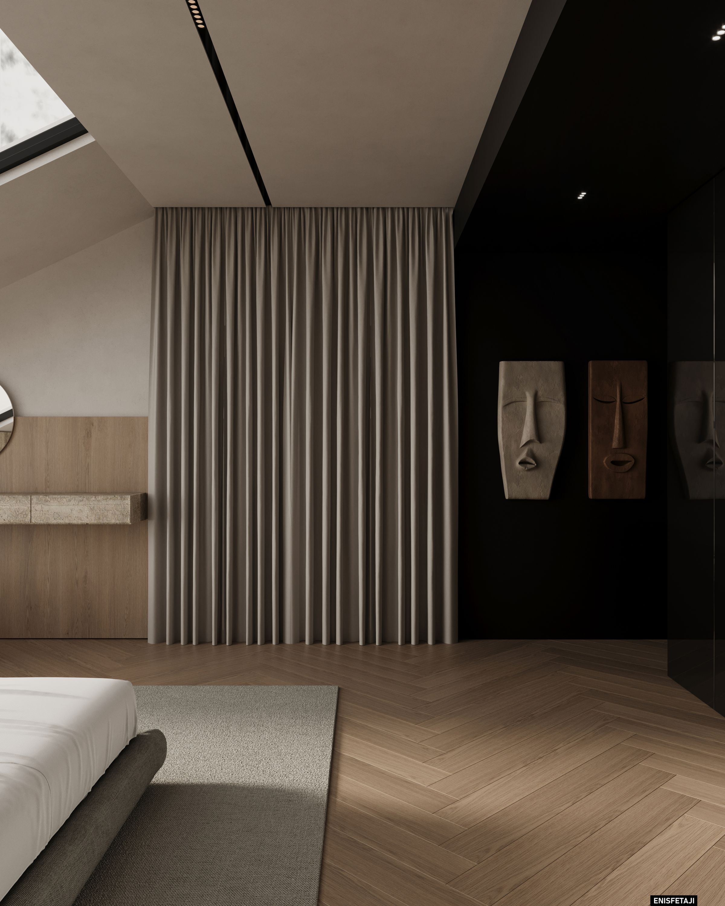 Bedroom with curtain wall and decorative masks, Cream House in Gostivar