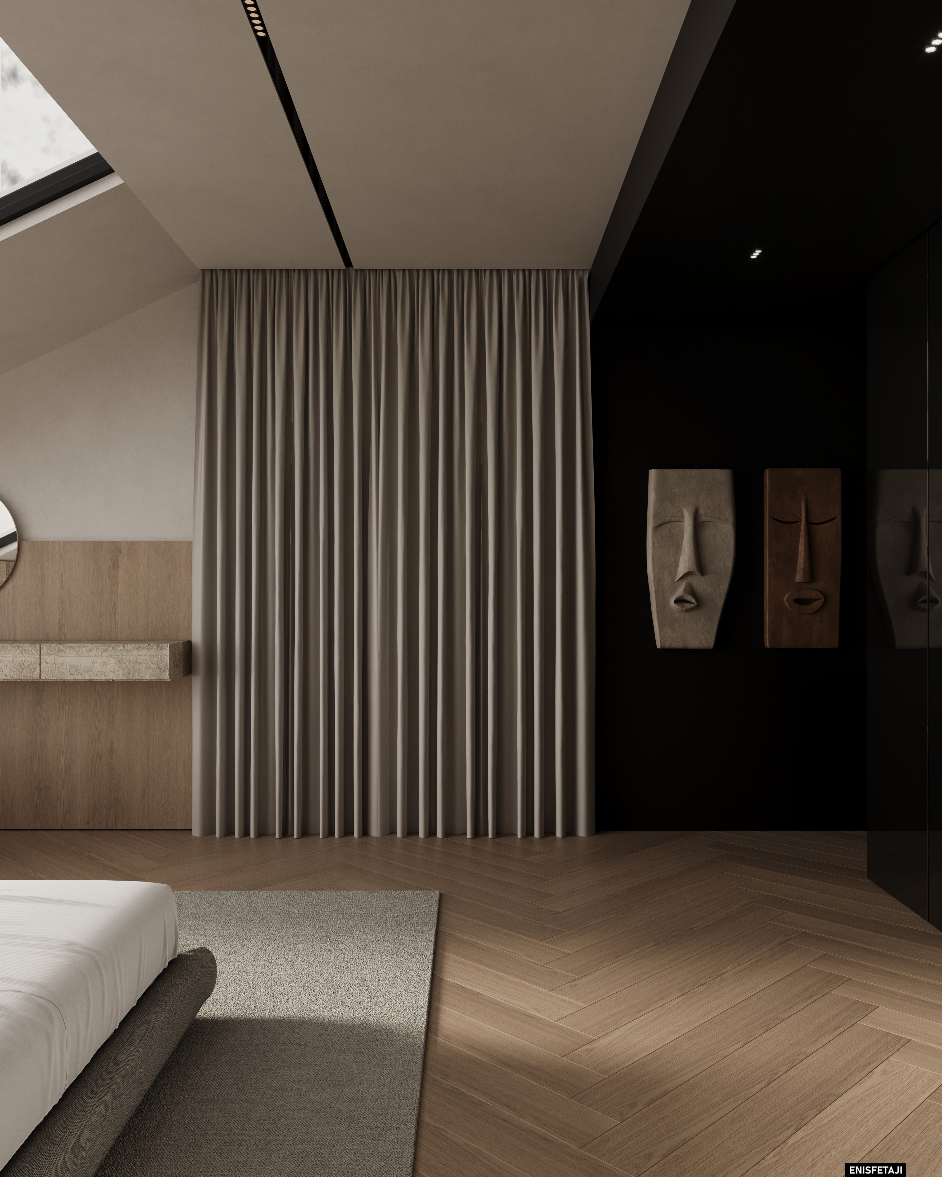Bedroom with curtain wall and decorative masks, Cream House in Gostivar