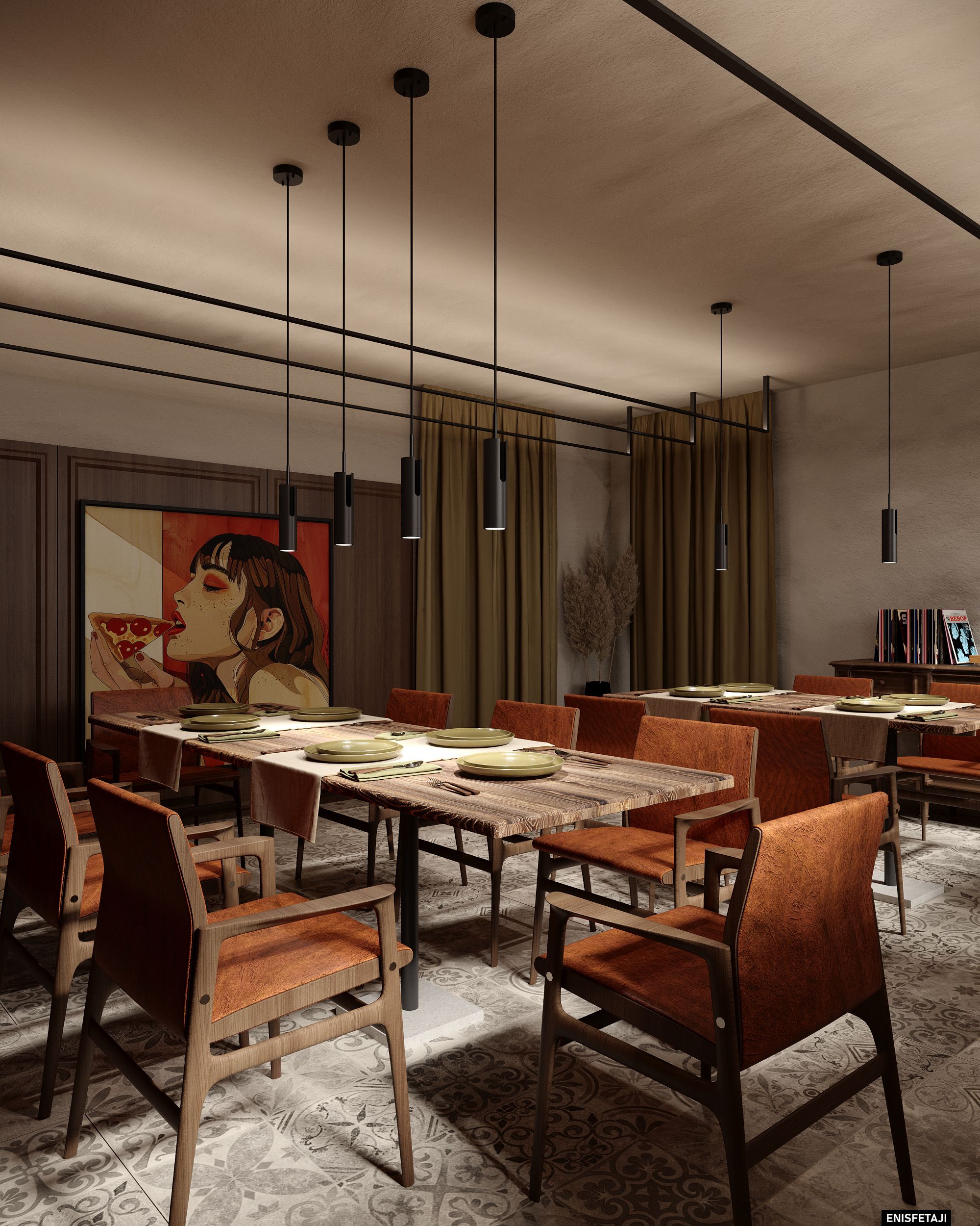 Dining tables with rust chairs and pendant lights, pizzeria in Dornbirn, Austria