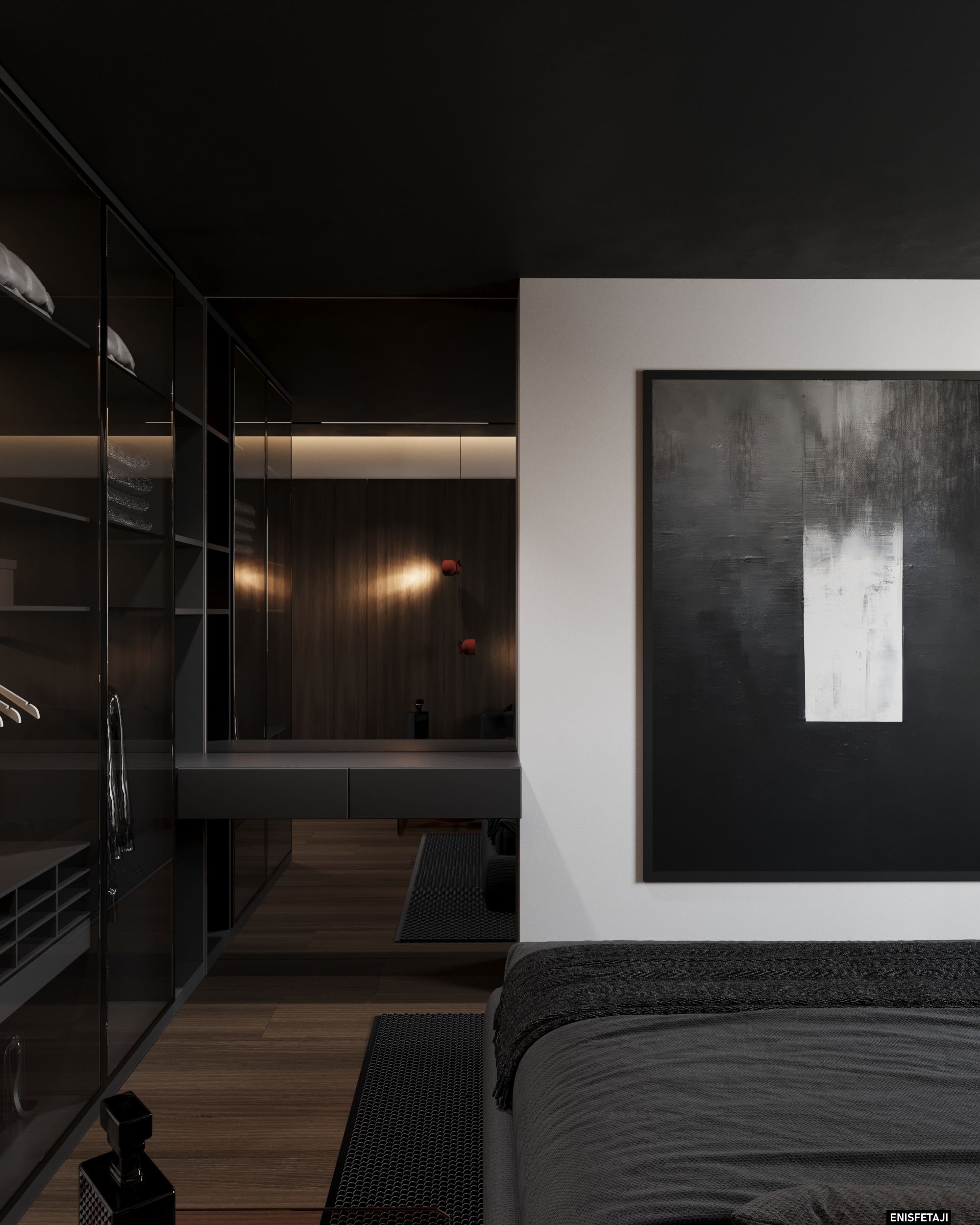 Bedroom with glass wardrobe and black artwork, apartment SK65 in Skopje