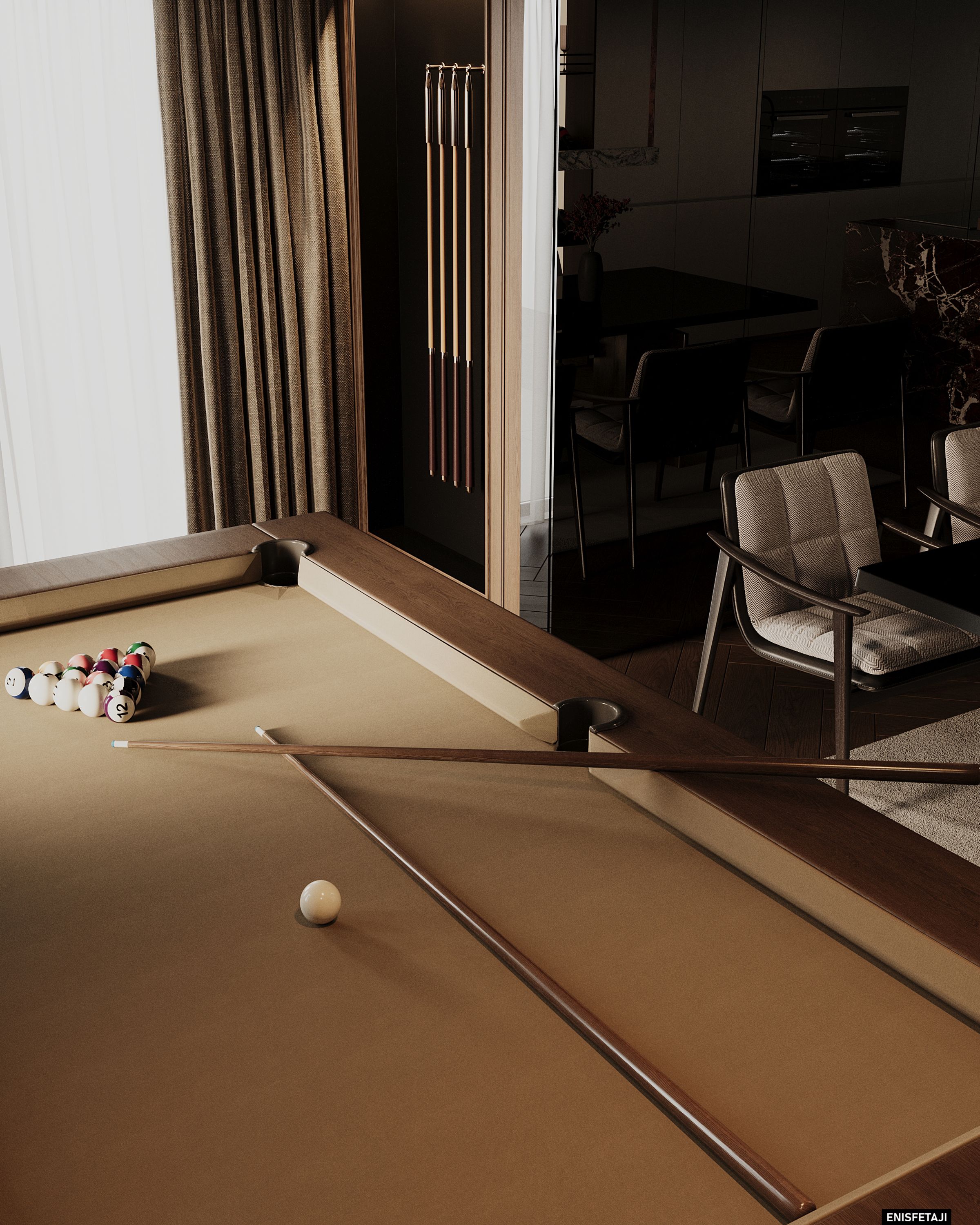 Pool table with cue rack and the dining area behind, residence in Prilep