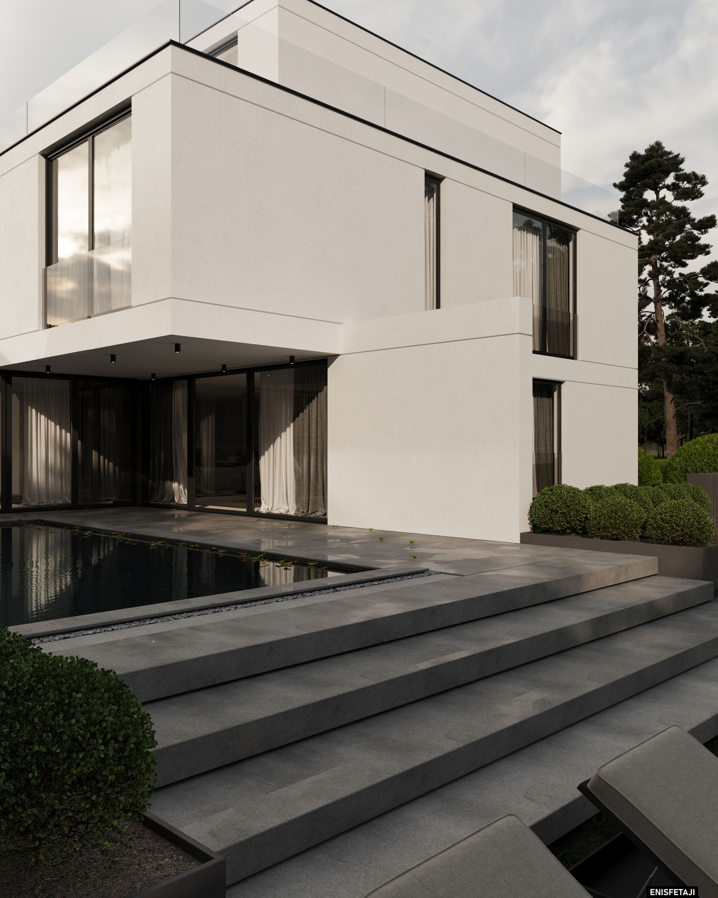 Rear facade with pool and wide stone steps, house in Kreuzlingen, Switzerland
