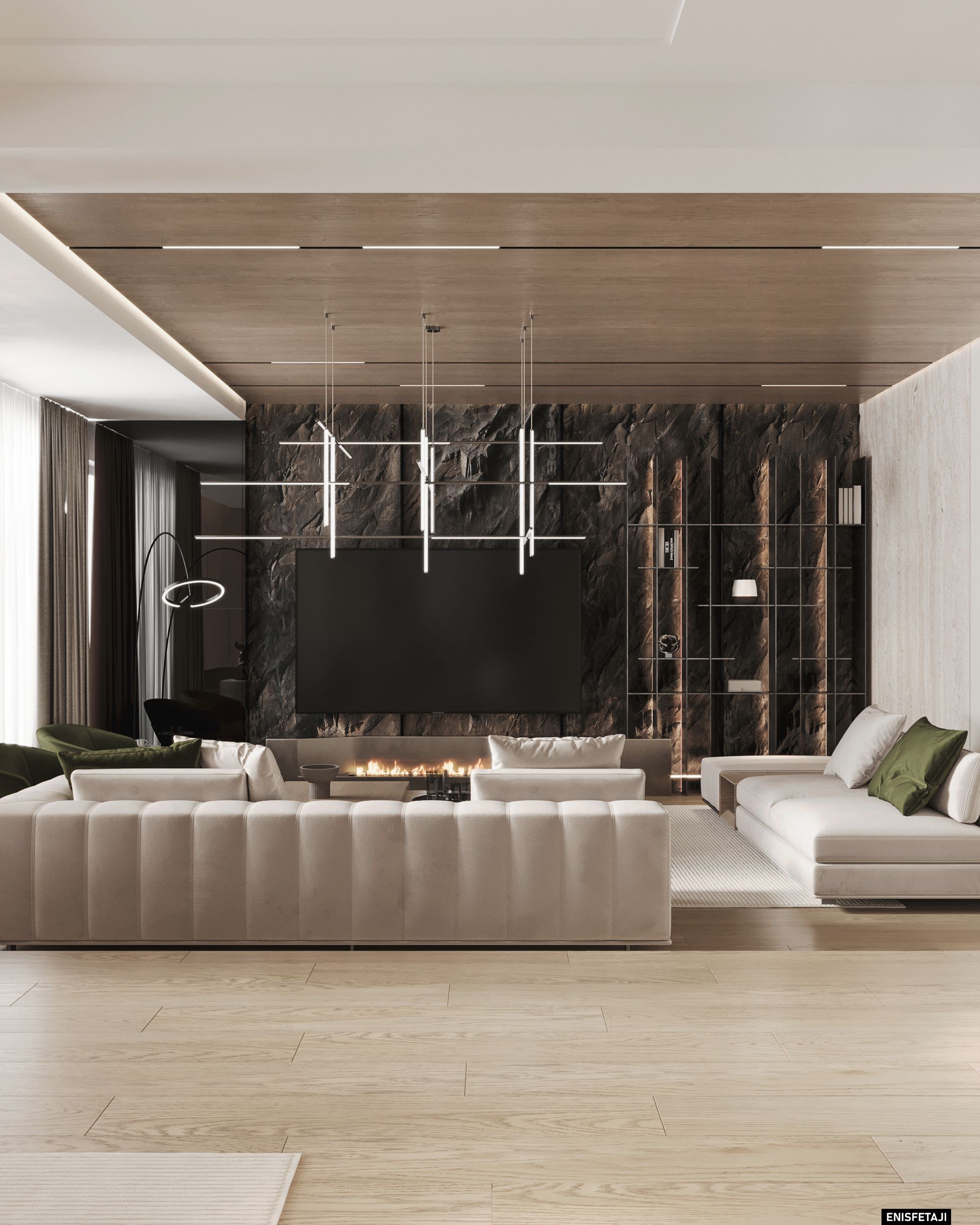 Living room with stone wall, fireplace and long beige sofa, Travertine House in Tetovo