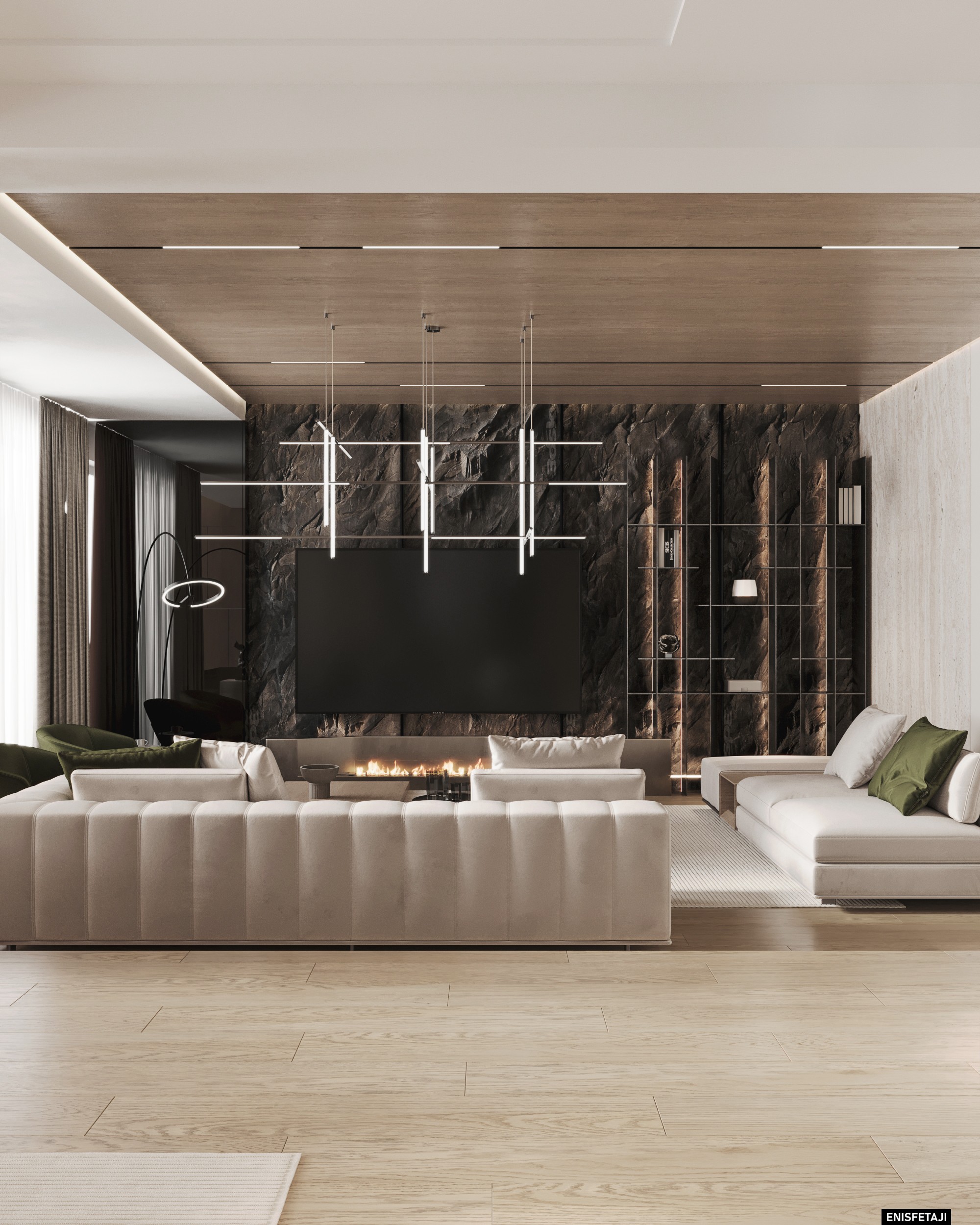 Living room with stone wall, fireplace and long beige sofa, Travertine House in Tetovo