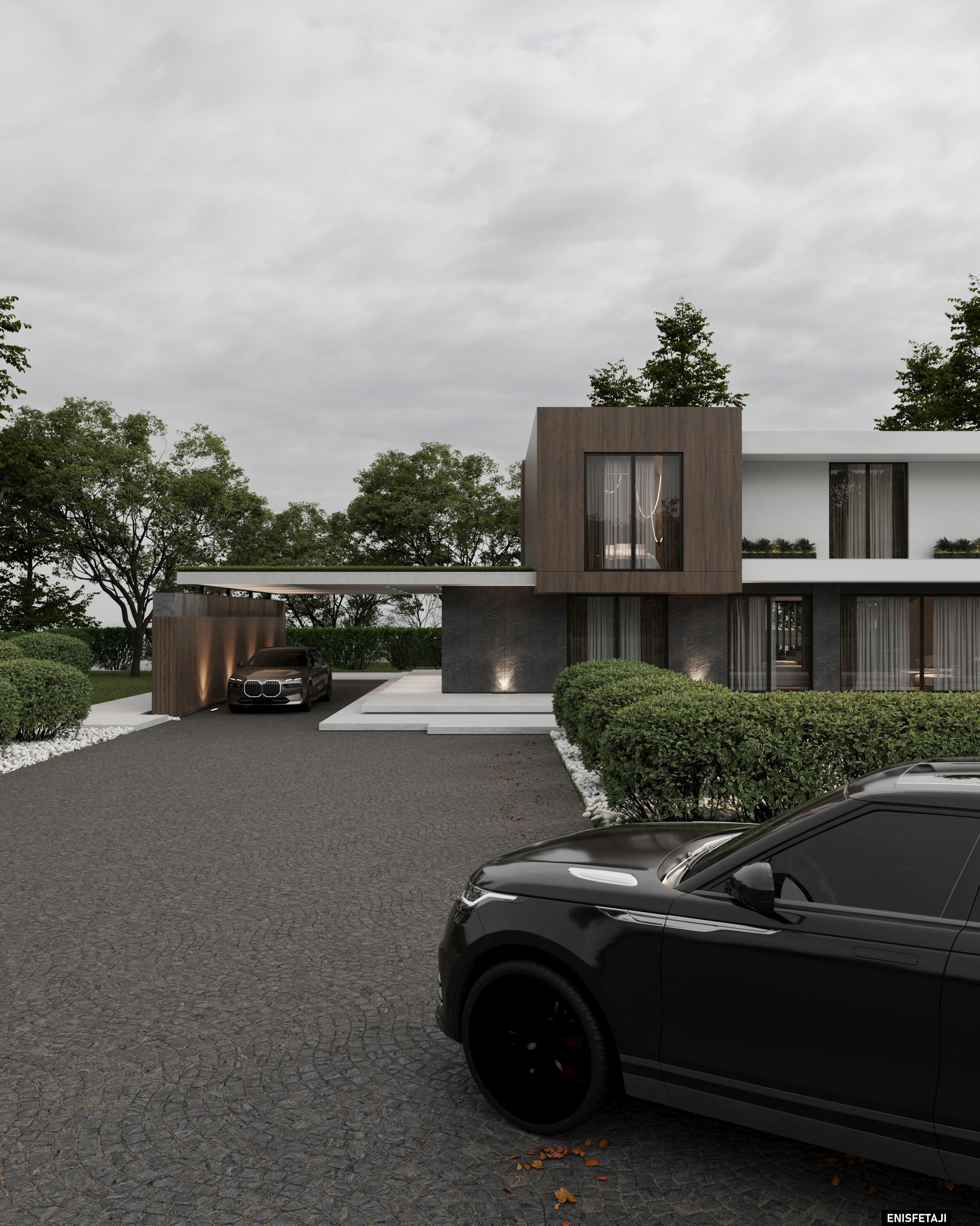 Driveway and carport of a modern villa with wood and white facade