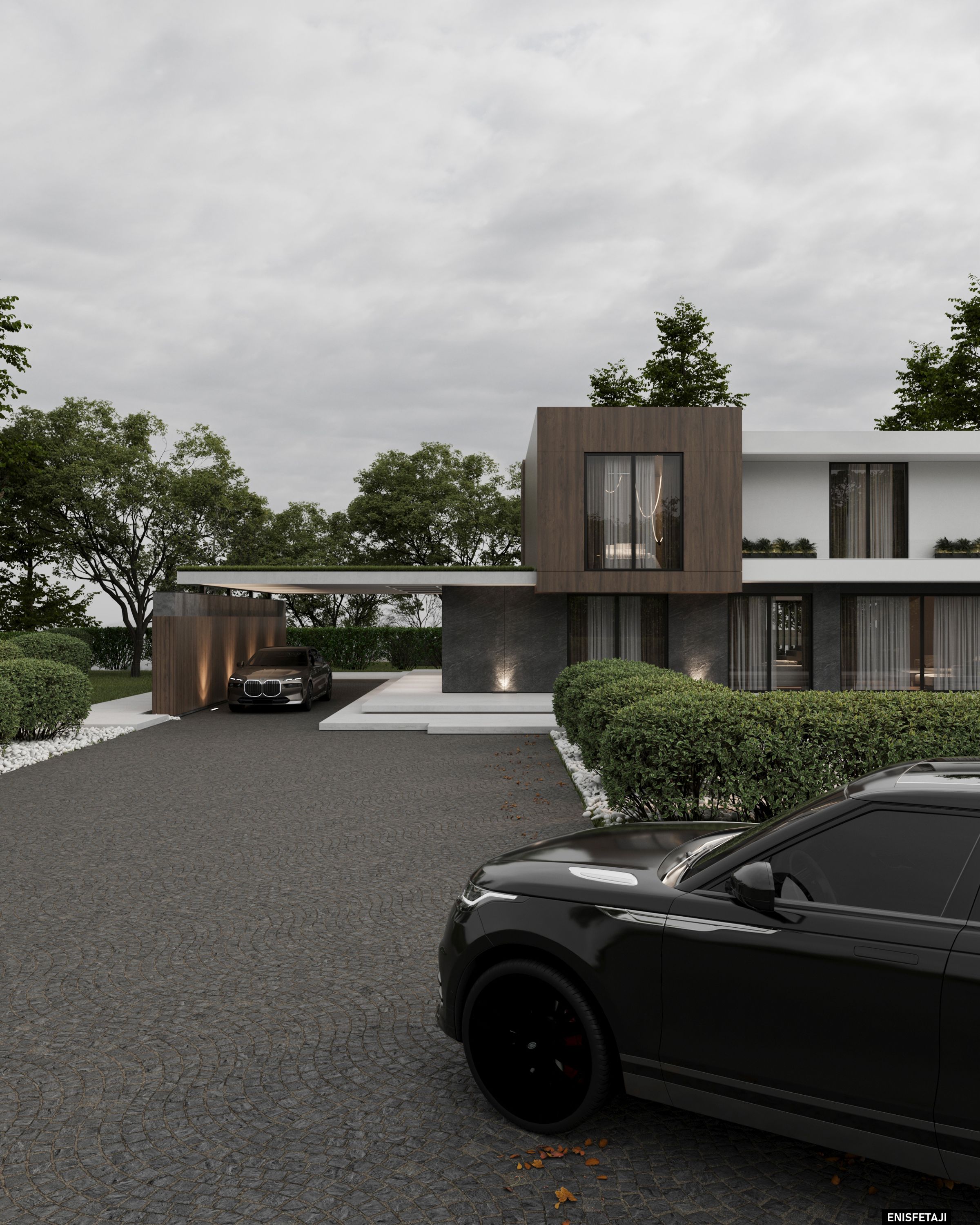 Driveway and carport of a modern villa with wood and white facade