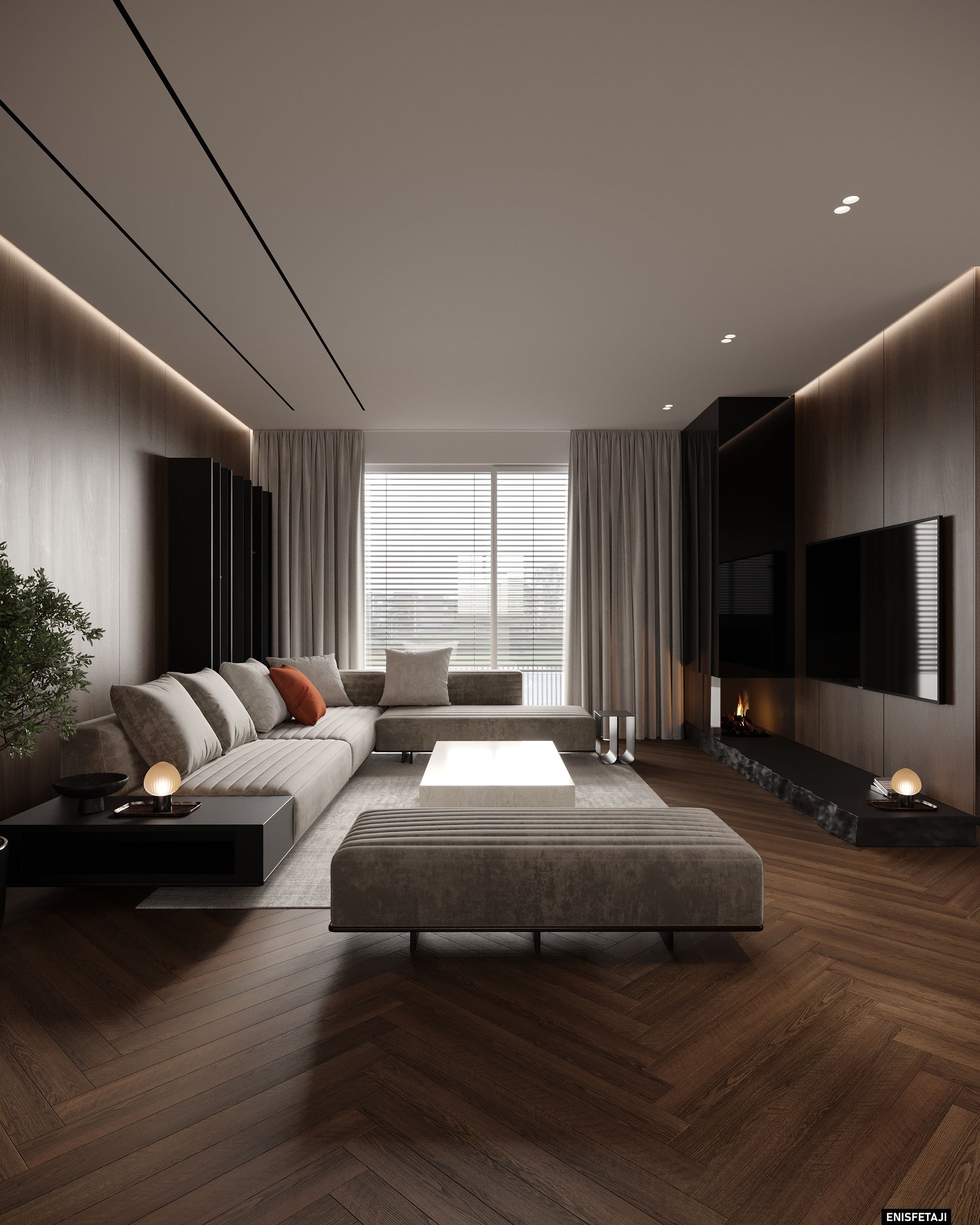 Living room with fireplace wall and grey sofa, M24 house in Gostivar