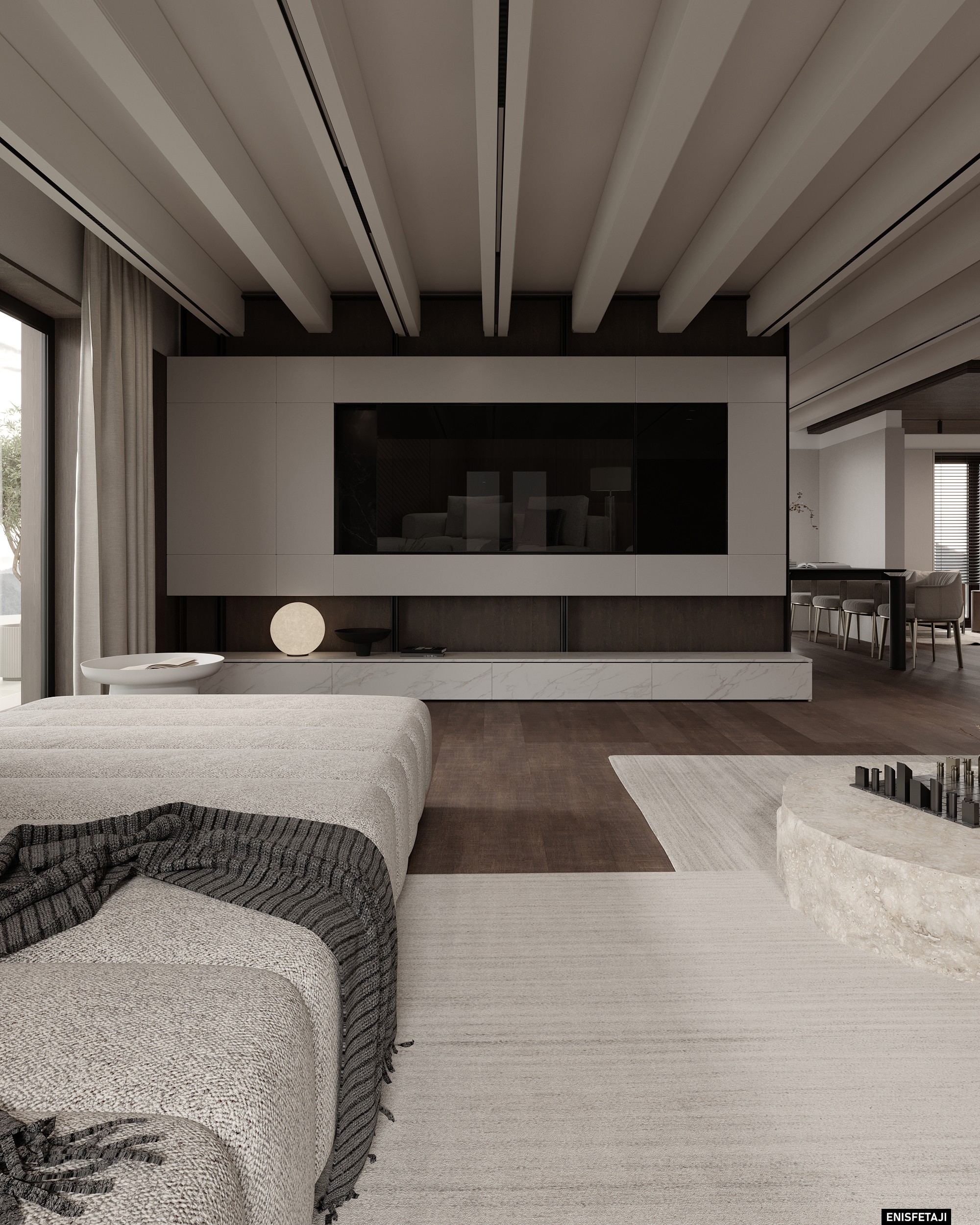Living room with white ceiling beams and TV wall, house in Aadorf, Switzerland