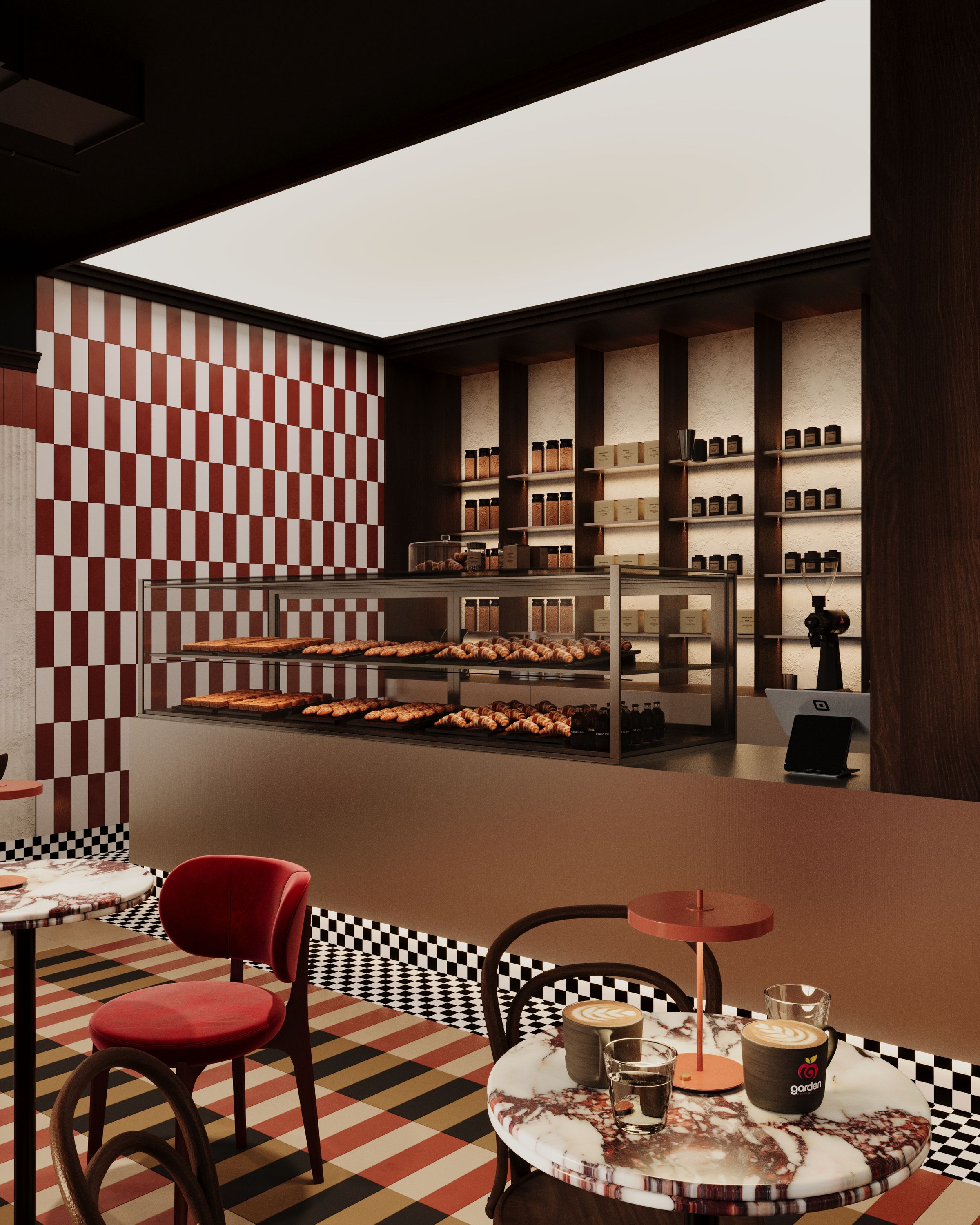 Pastry counter with red velvet chairs and checkered walls, Garden Sweetshop in Gostivar