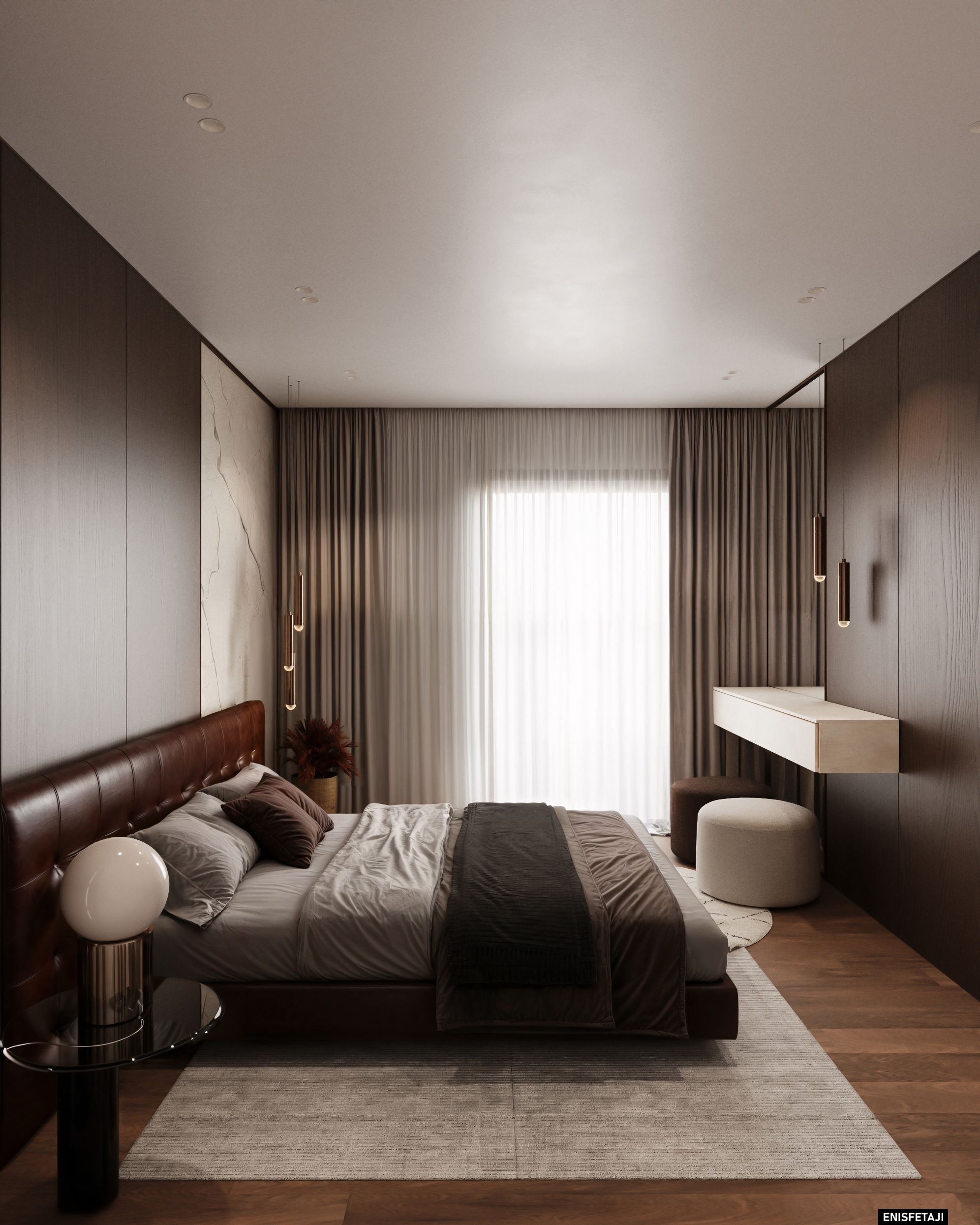Bedroom with leather bed and sheer curtains, Shega19 house in Tetovo