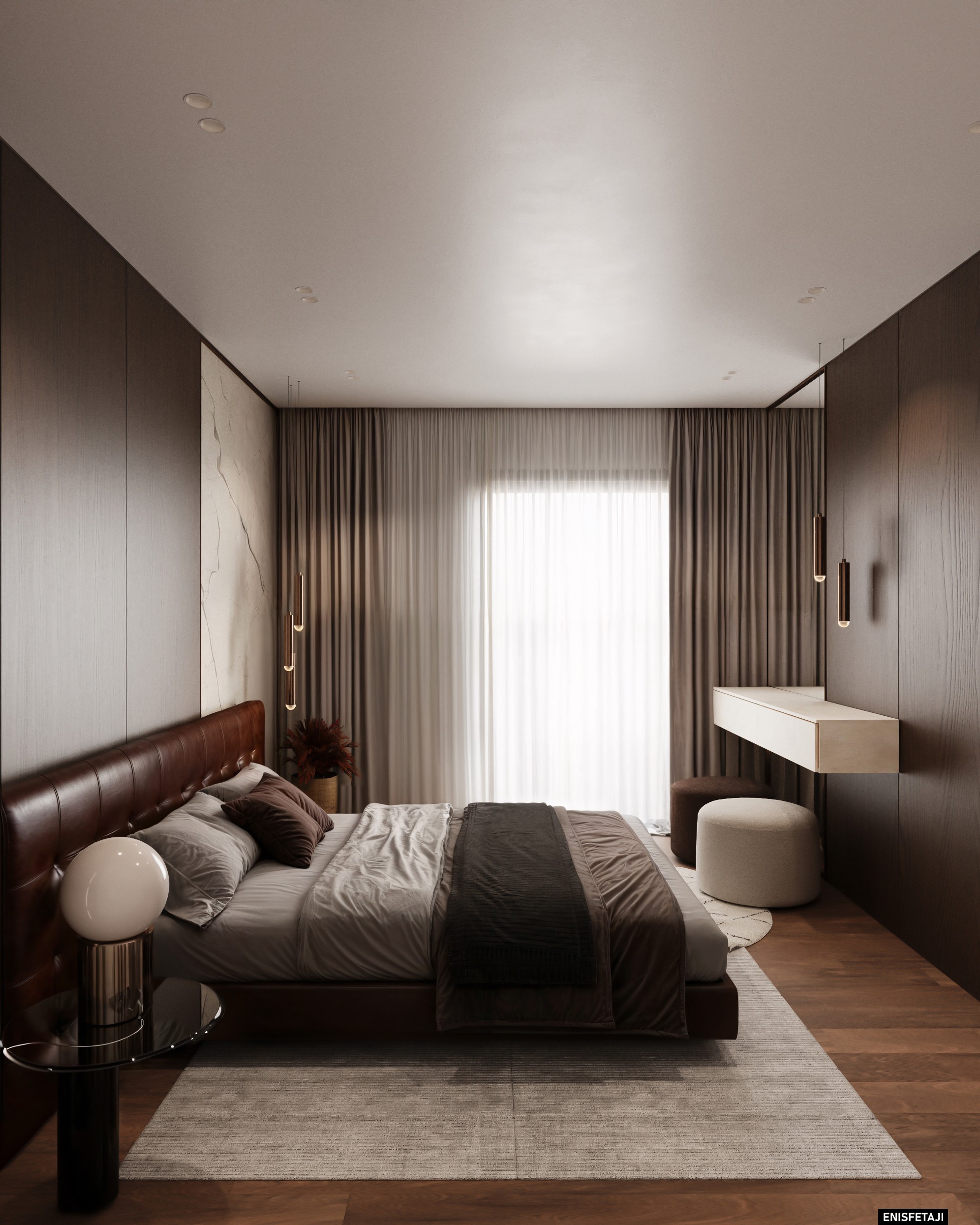 Bedroom with leather bed and sheer curtains, Shega19 house in Tetovo
