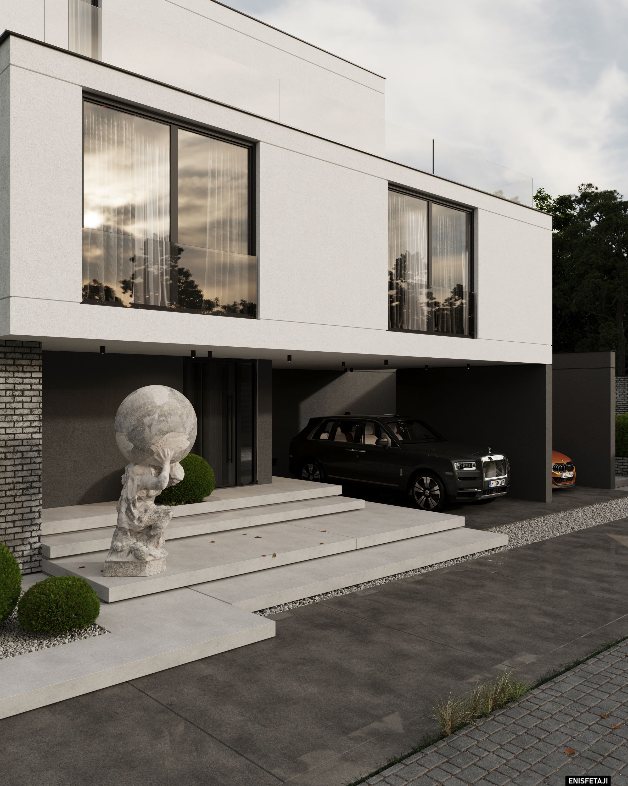 Entrance with sculpture and covered carport, house in Kreuzlingen, Switzerland