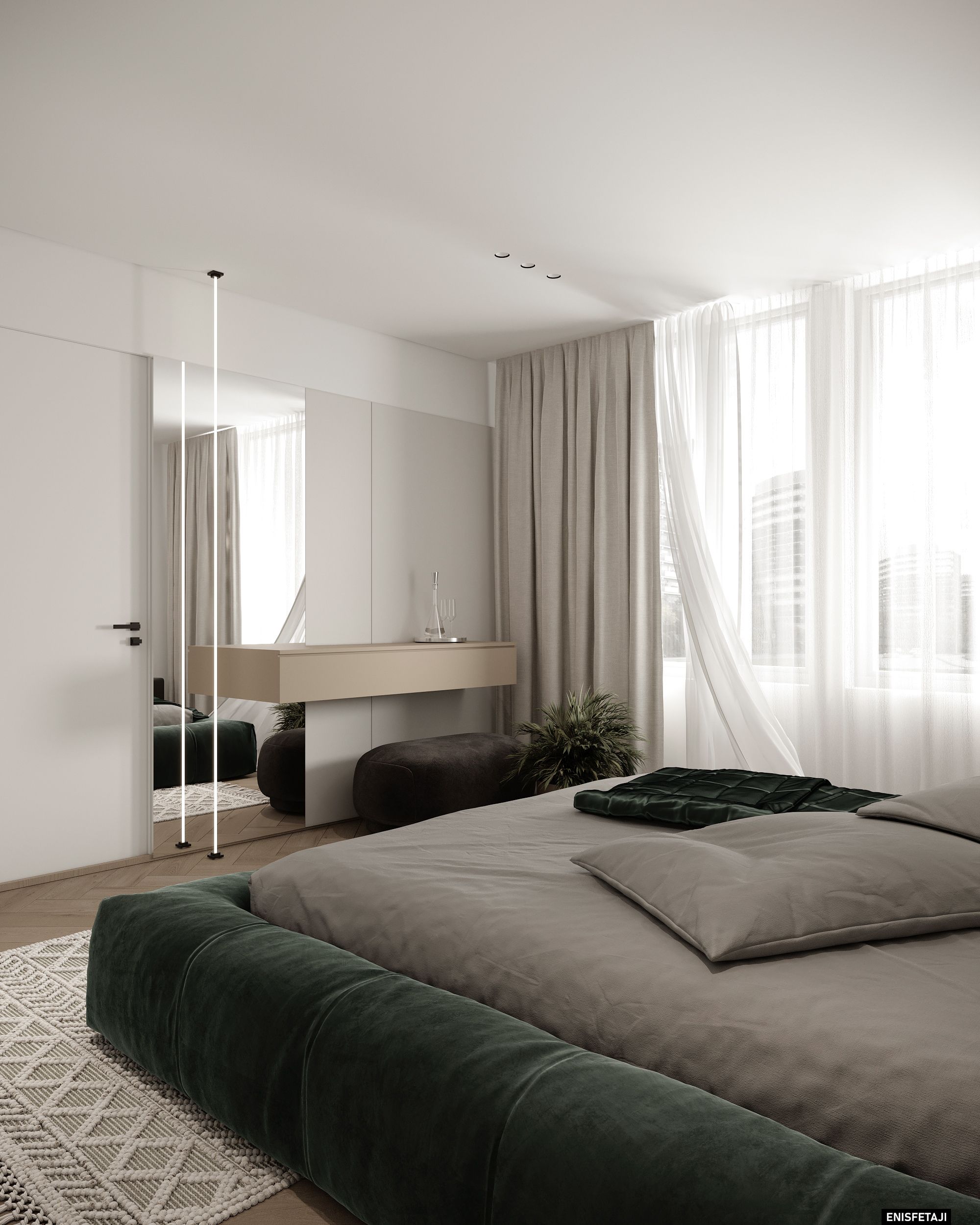 Guest bedroom with green bed and dressing table, apartment GV22 in Gostivar