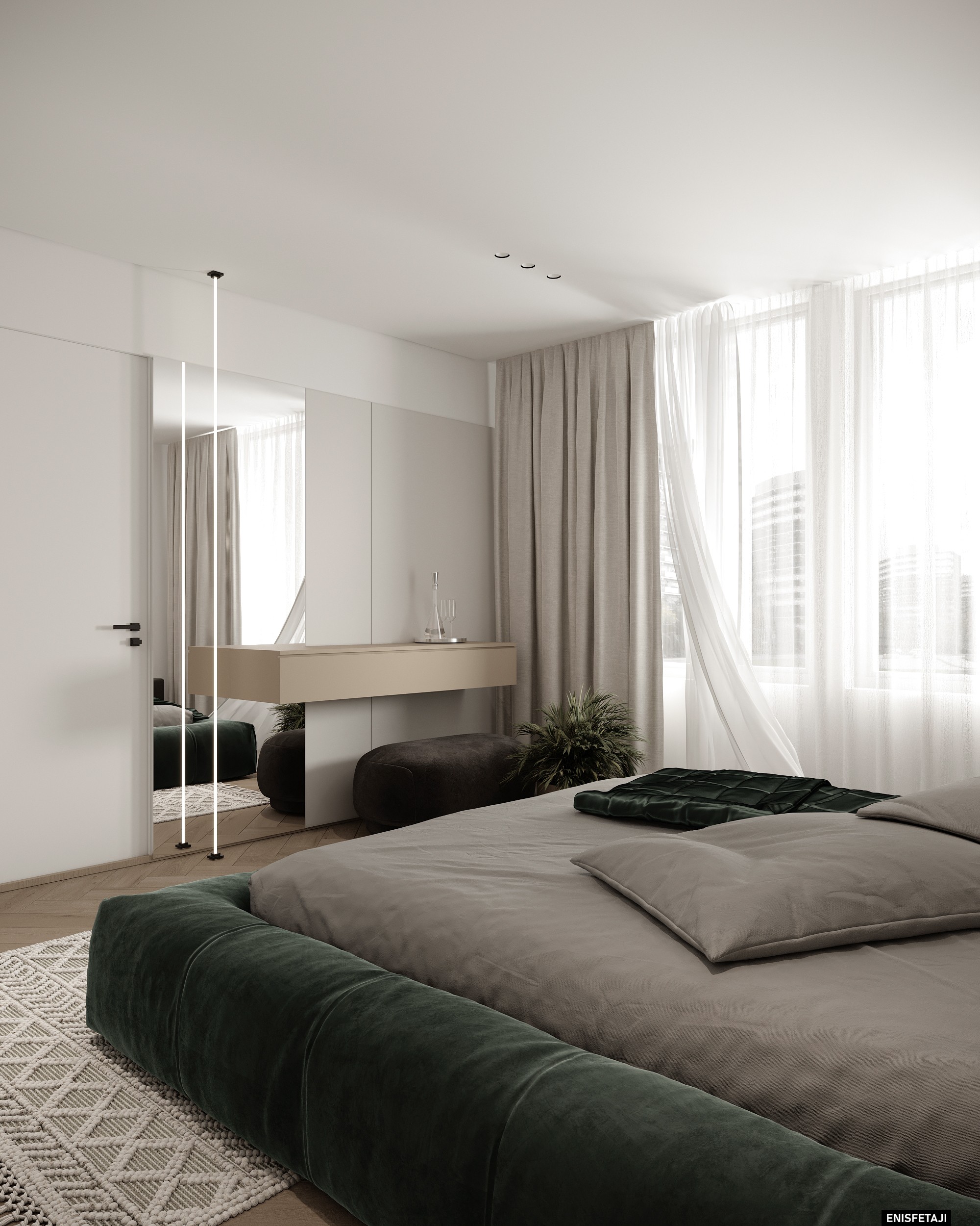 Guest bedroom with green bed and dressing table, apartment GV22 in Gostivar
