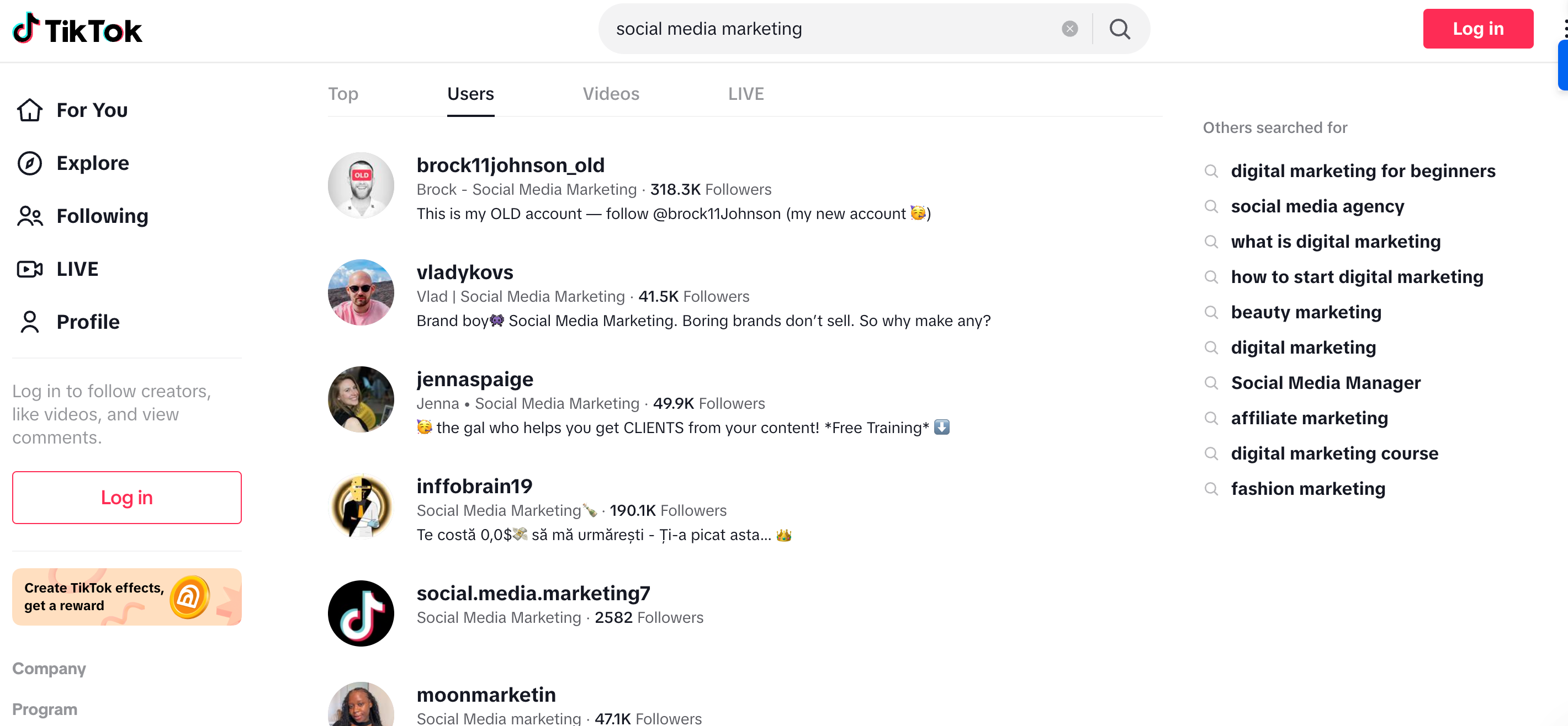 TikTok search results for "social media marketing" showing popular creators and related search suggestions.