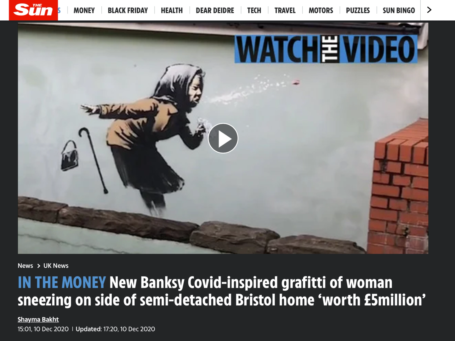 The Sun - New Banksy Graffitti Woman Sneezing Worth £5 Million - MyArtBroker 