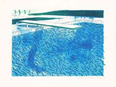 Lithograph Of Water Made Of Thick And Thin Lines, A Green Wash, A Light Blue Wash, And A Dark Blue Wash - Signed Print by David Hockney 1980 - MyArtBroker