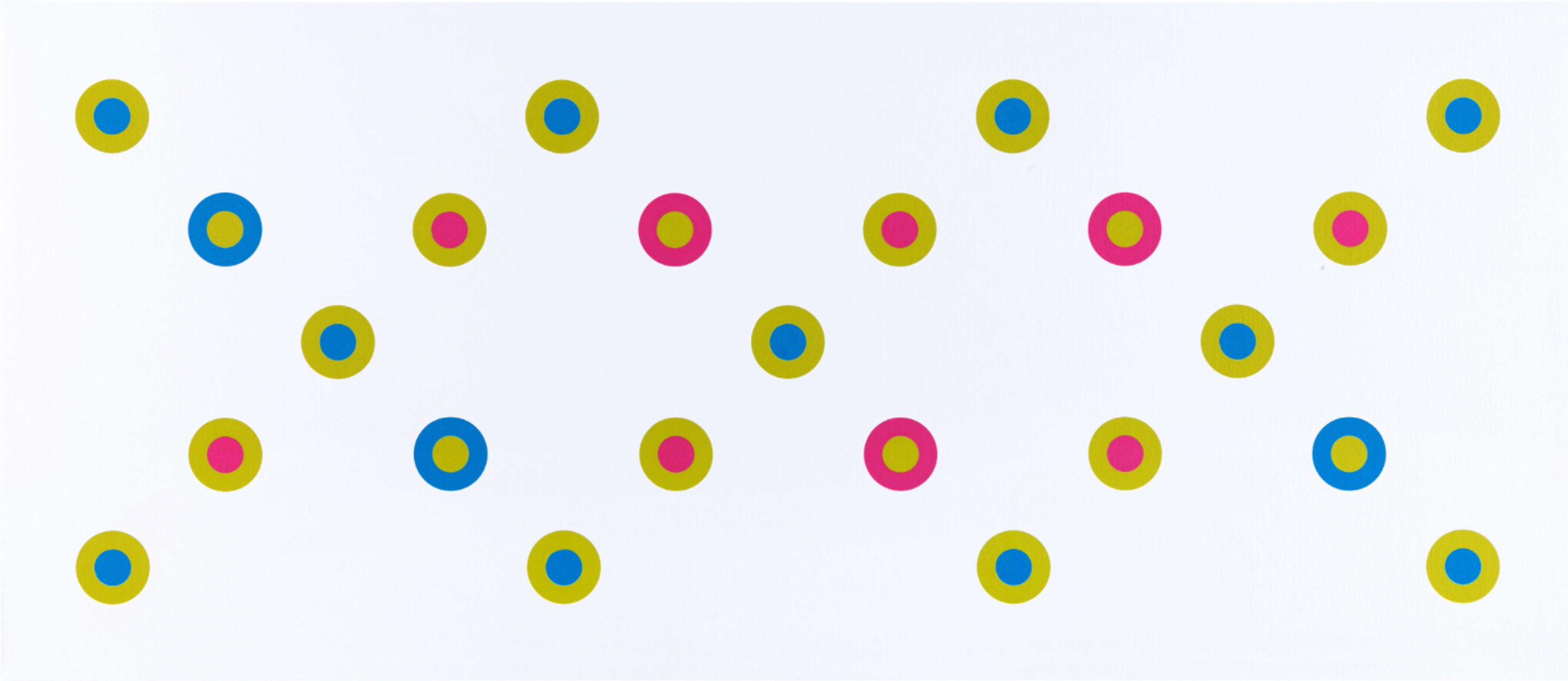 Against a white background, a repeated pattern of spots appear in formation across the composition. The dots vary in different colour combinations of lime green, blue and pink.