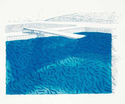 Lithograph Of Water Made Of Lines, Crayon And Two Blue Washes Without Green Wash - Signed Print by David Hockney 1980 - MyArtBroker