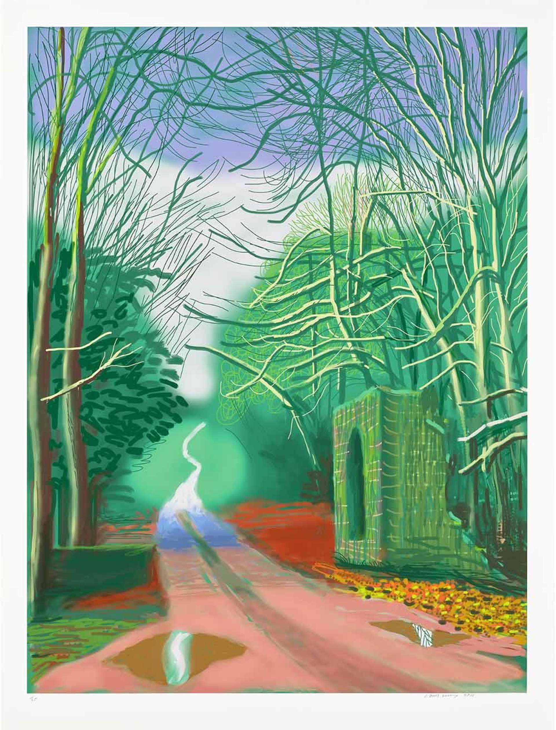 A digital drawing, executed on Hockney's iPad, depicting a quiet country lane. The image is executed in vibrant shades of green, blue, and brown. The road stretches to a vantage point at the centre of the composition, surrounded by trees and green shrubbery on either side.