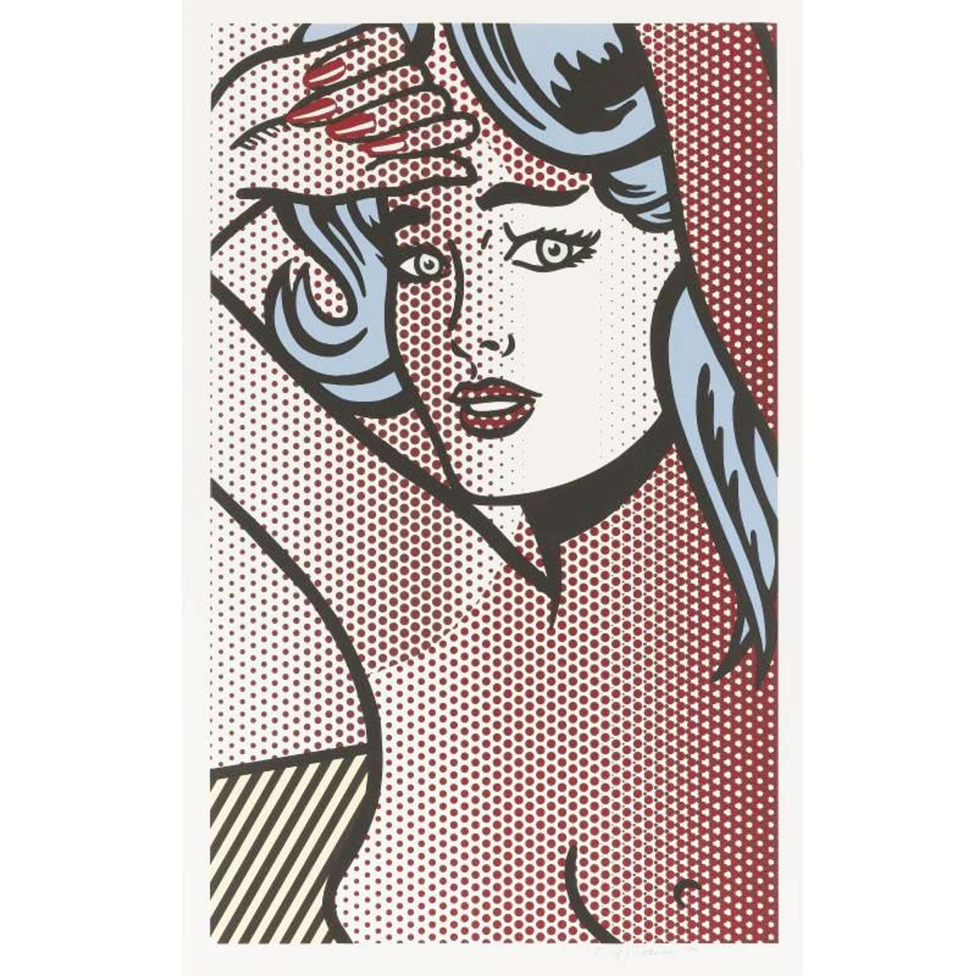 A graphic, comic book-inspired portrait of a nude woman. Thick black outlines delineate her face and body, with Ben Day dots representing her skin tone.