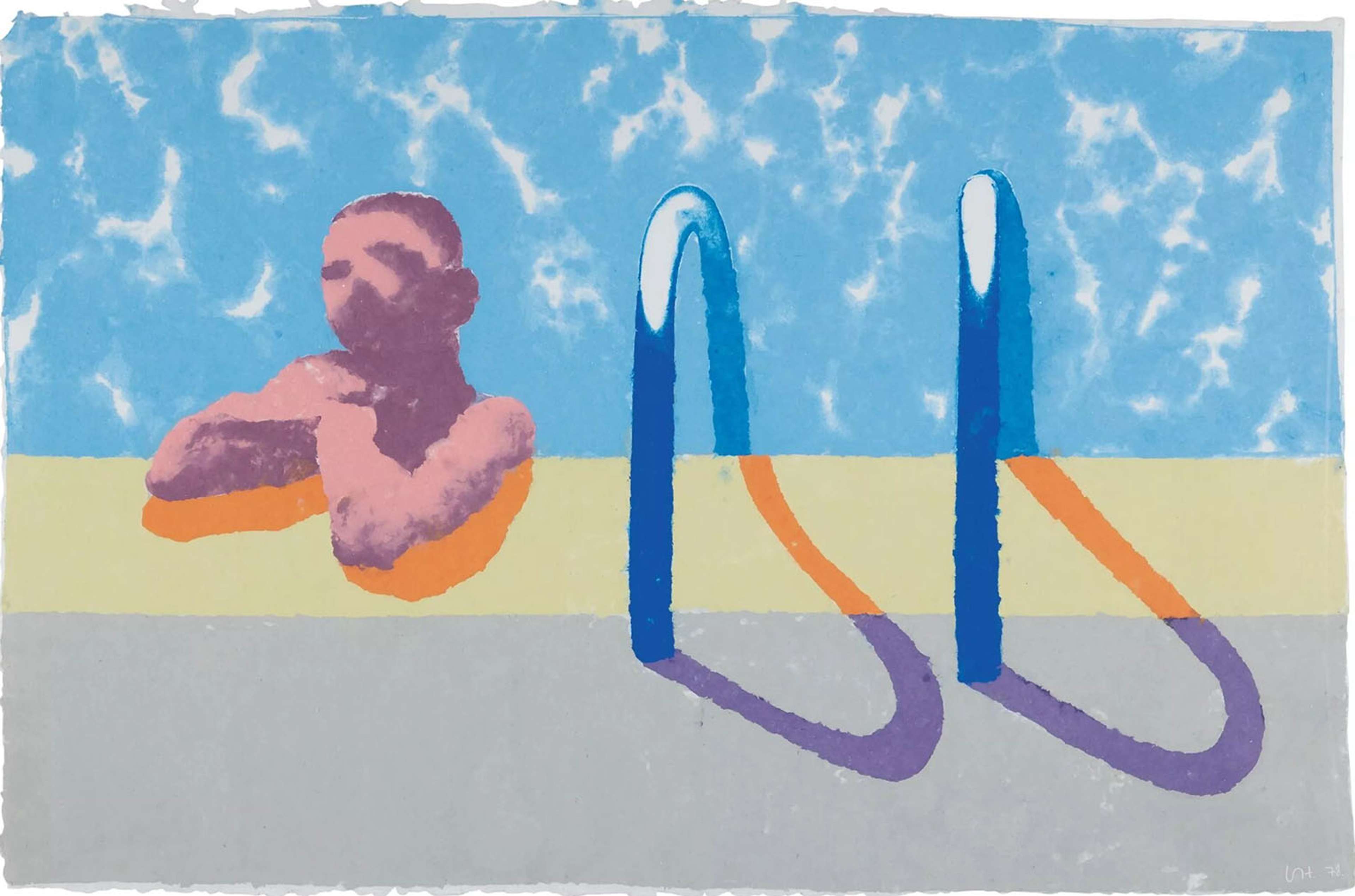 A young man appears at the left of the work, abstractly delineated in pink and purple. The figure leans agains the edge of a swimming pool, with the handle bars positioned to the right, casting a shadow into the foreground of the composition.