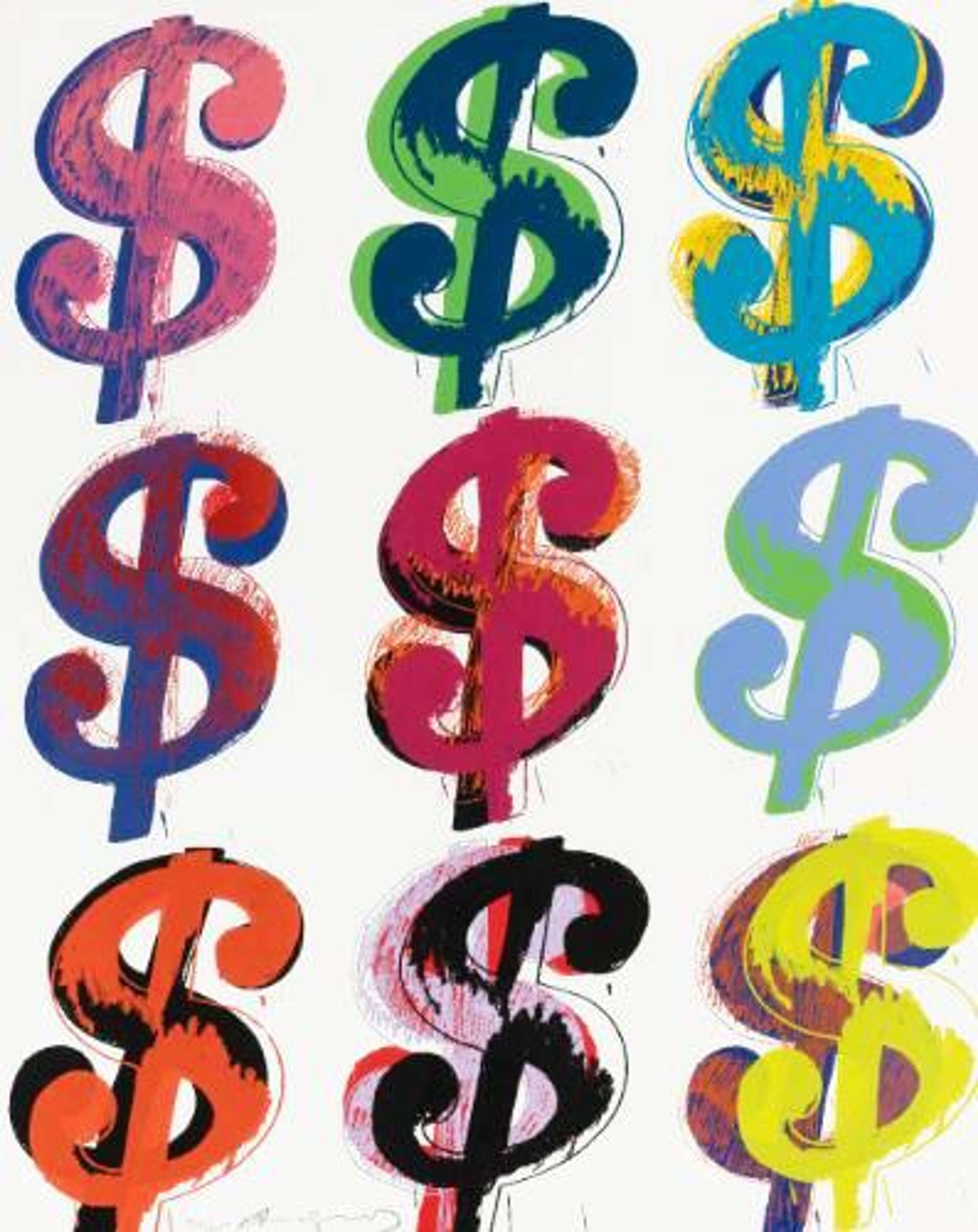 Six dollar signs are printed in a pattern, in three rows of three, against a white background. Each of the dollar signs is printed in a different colour, and overlaid with different layers of colour to create tone and texture.