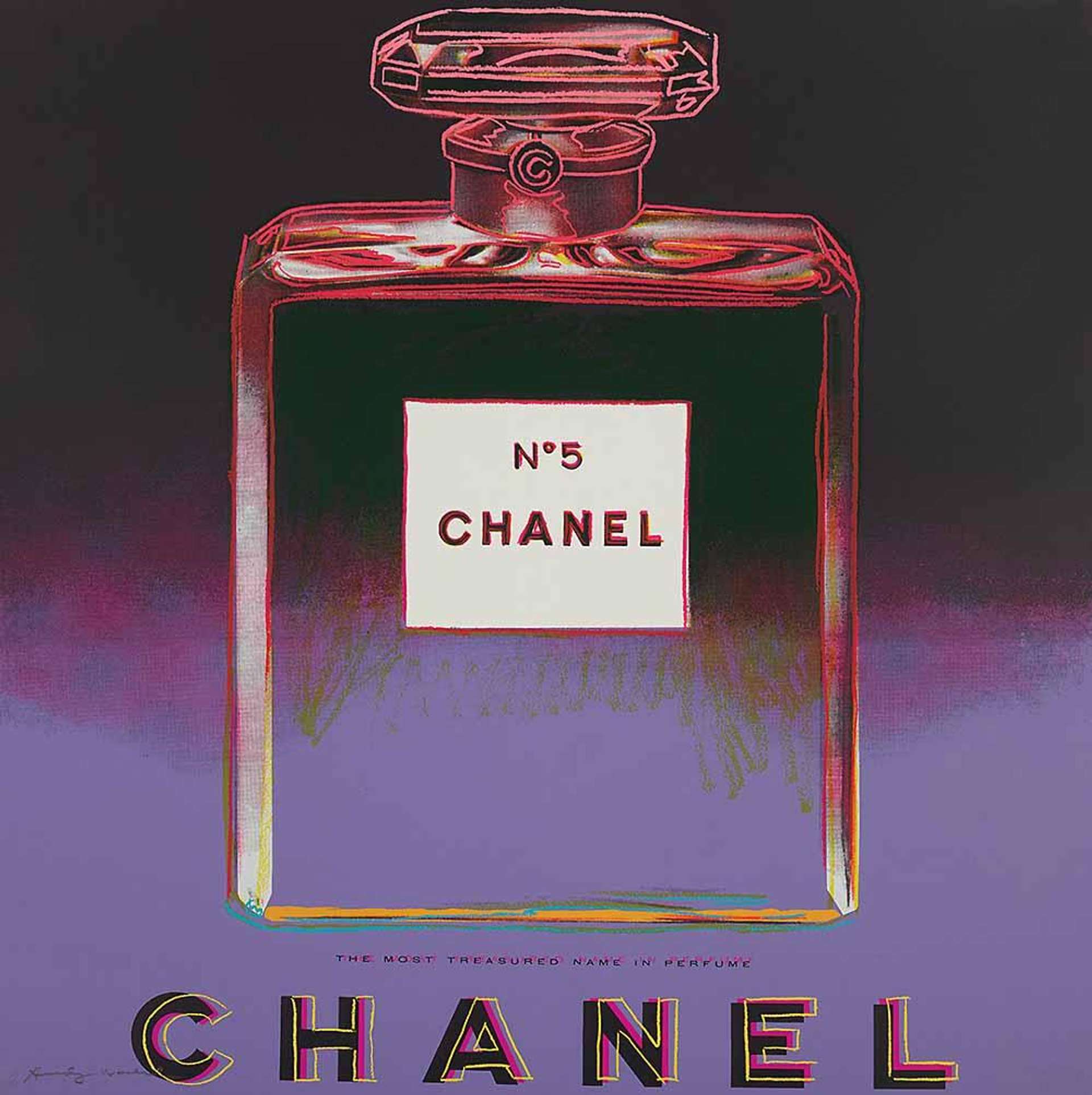 A Chanel No. 5 perfume bottle appears at the centre of the composition, outlines in pink against a purple background. The brand name Chanel appears in type at the bottom of the work