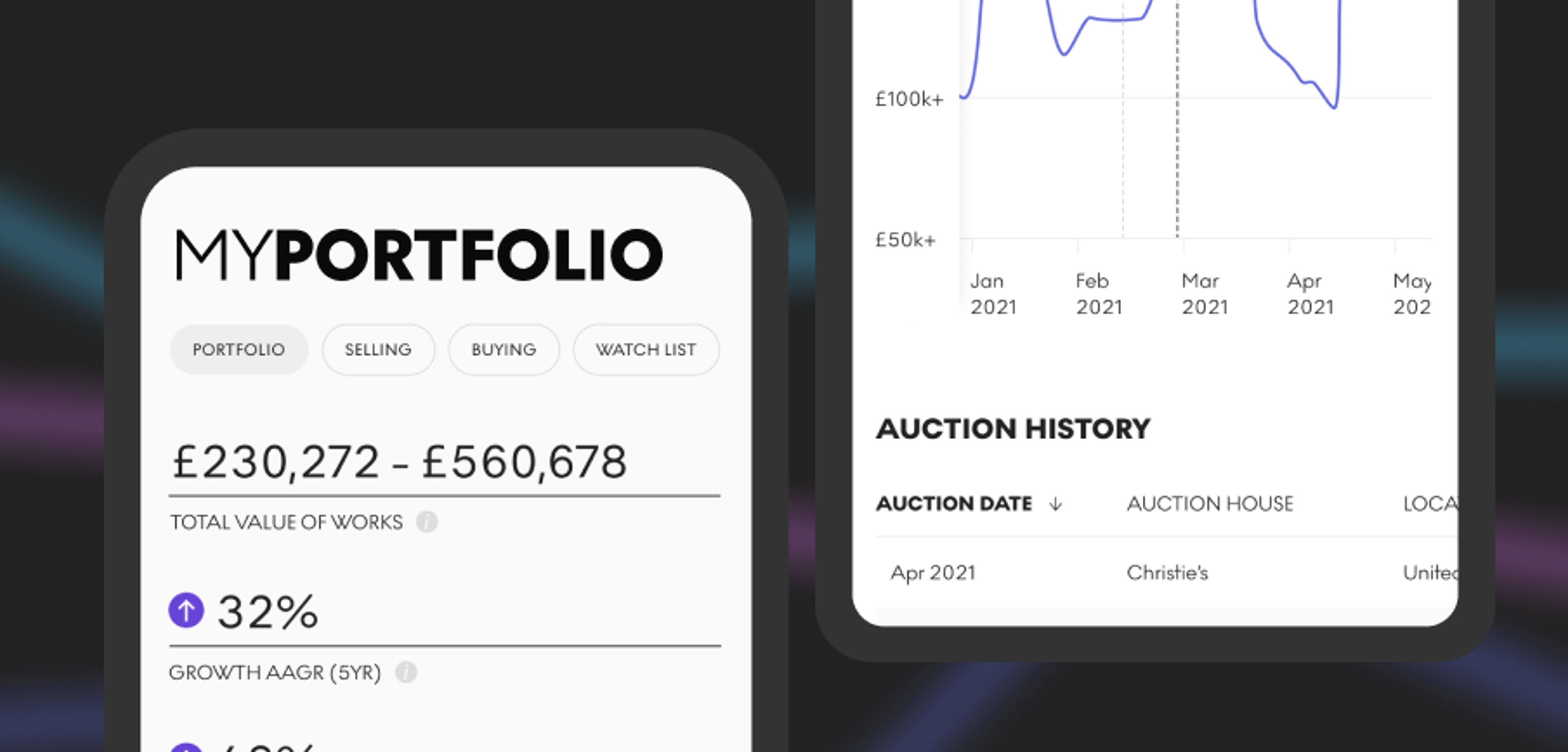 Image of MyPortfolio mobile view showing total value of works, growth AAGR (5 Yr) and auction history 