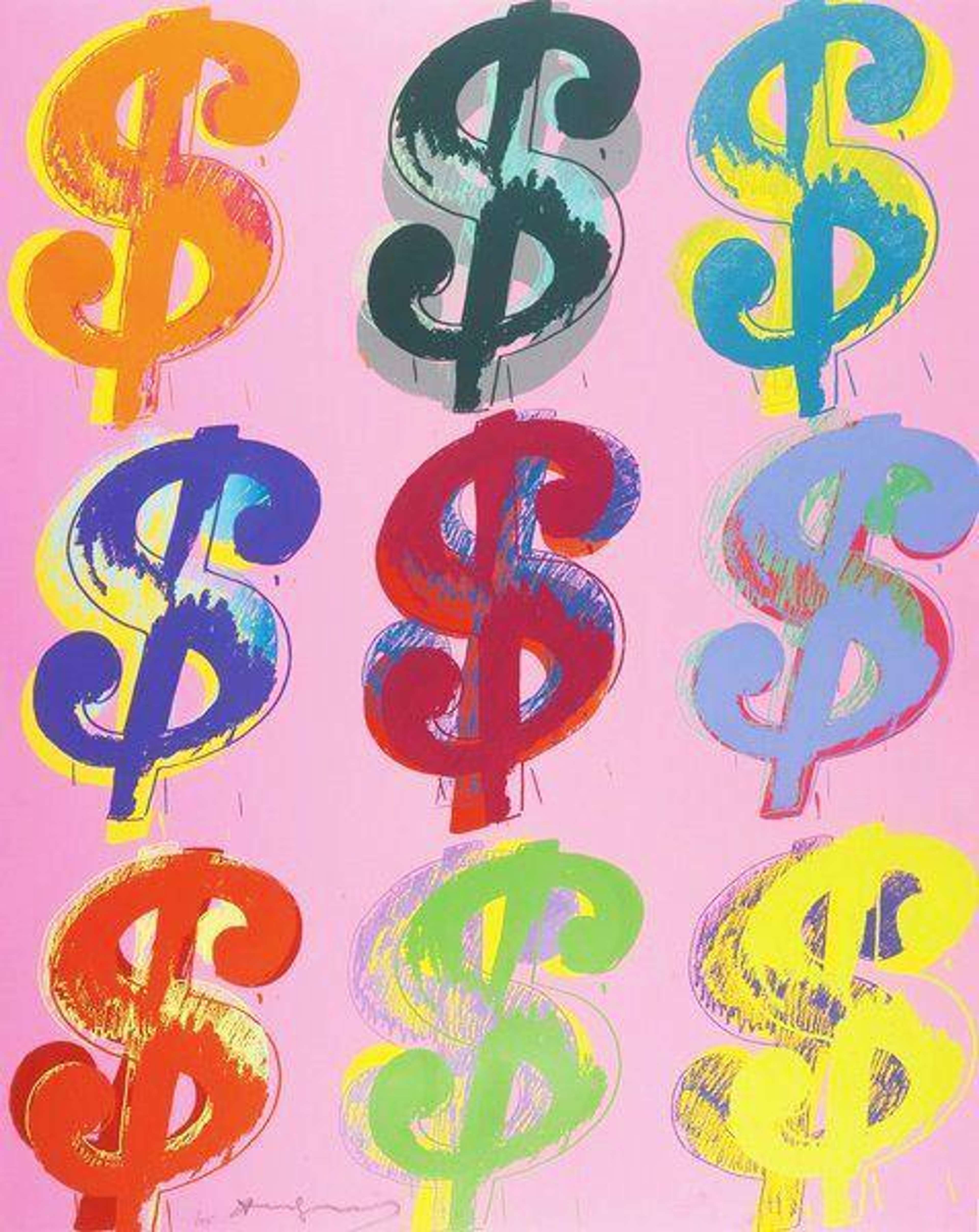 Nine multi-coloured dollar signs in a 3x3 grid on a pink backdrop