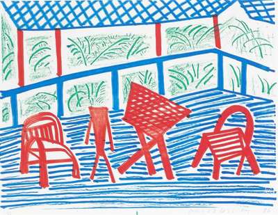 Two Red Chairs And Table - Signed Print by David Hockney 1986 - MyArtBroker