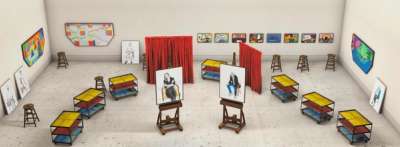 Seven Trollies, Six And A Half Stools, Six Portraits, Eleven Paintings, And Two Curtains - Signed Print by David Hockney 2018 - MyArtBroker