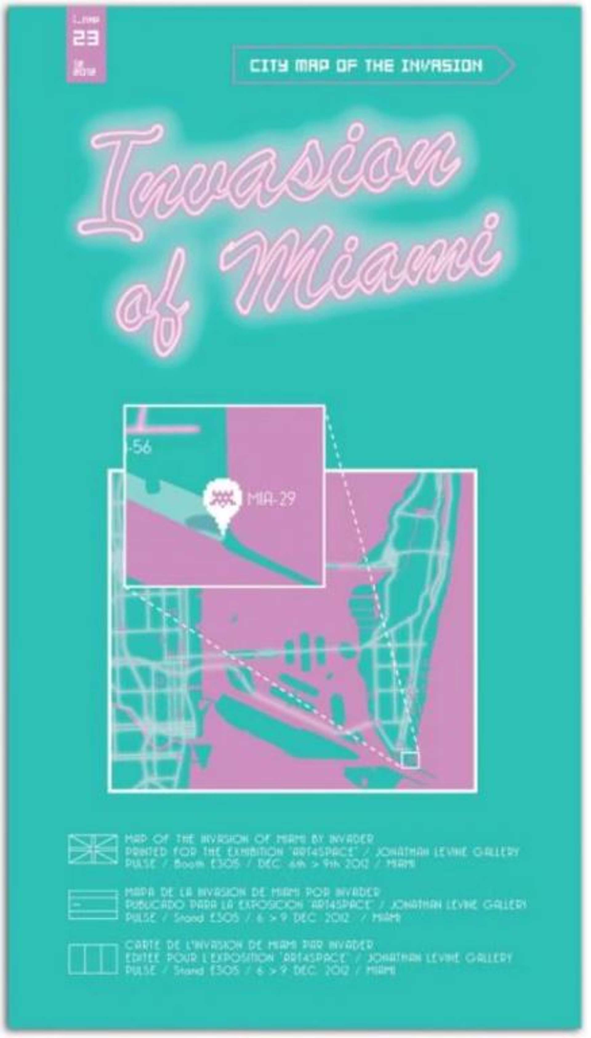 Neon pink sign that reads “Invasion of Miami” above pink-outlined map of Miami against a teal background