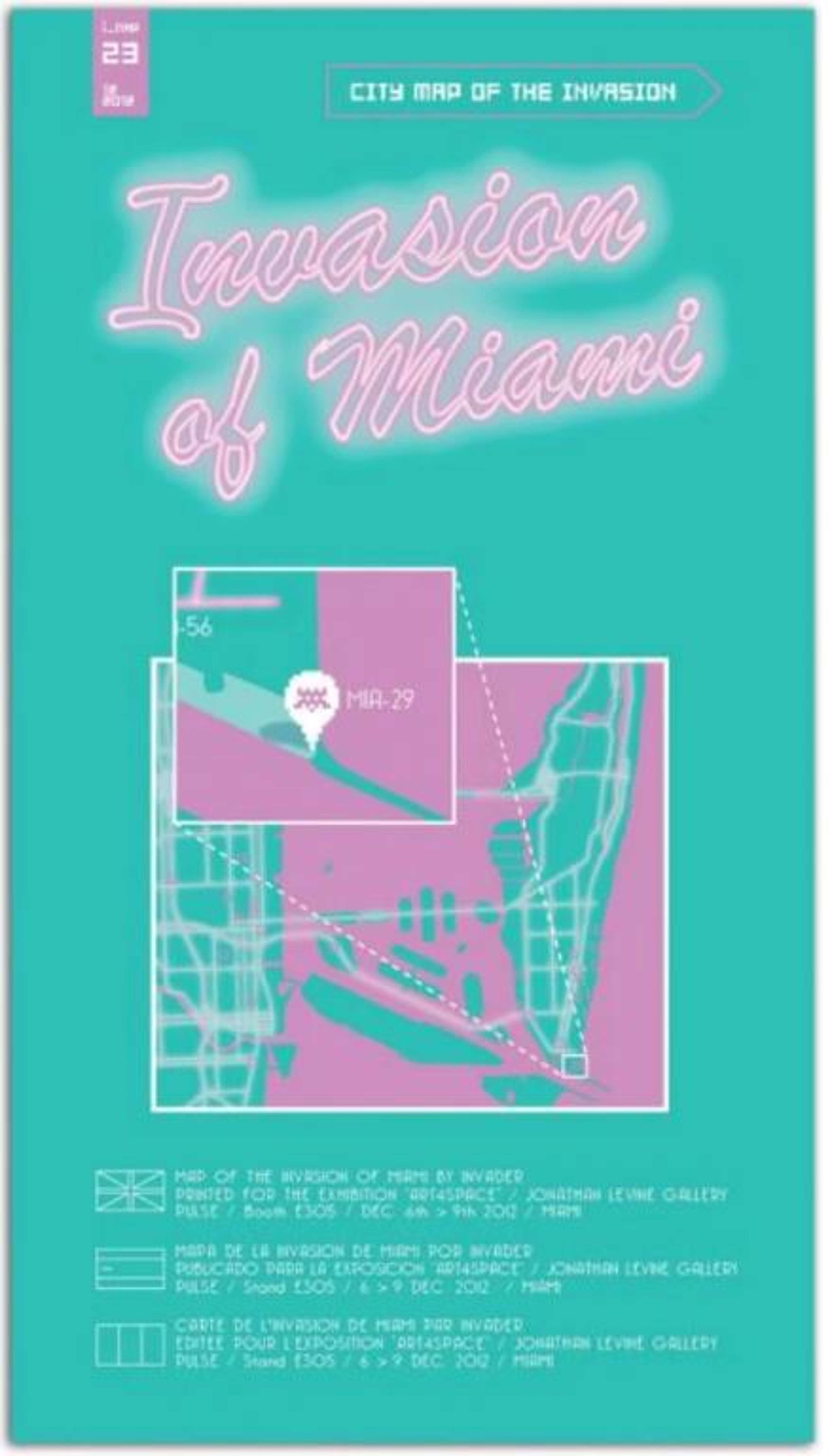 Neon pink sign that reads “Invasion of Miami” above pink-outlined map of Miami against a teal background