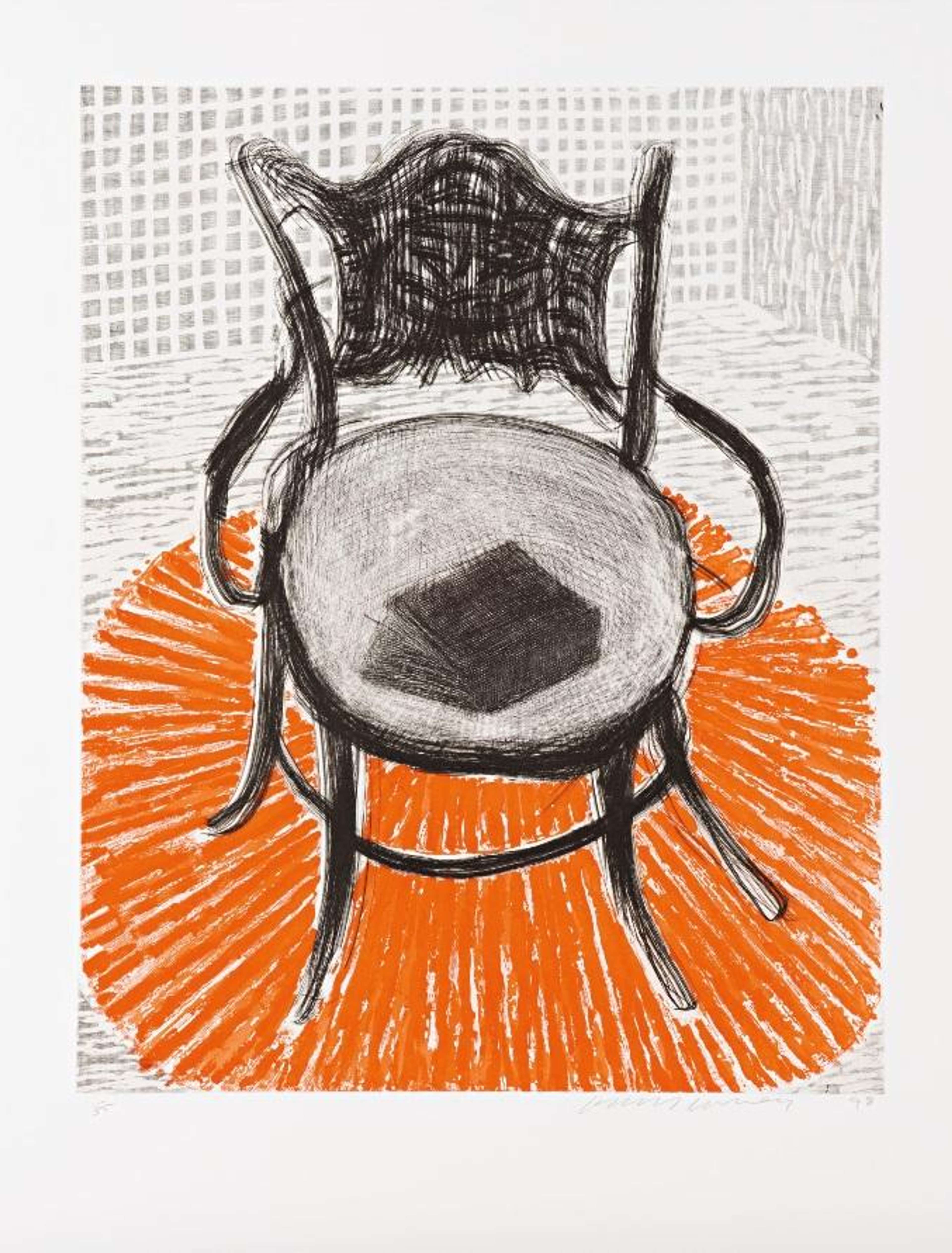 Chair With Book On Red Carpet - Signed Print by David Hockney 1999 - MyArtBroker