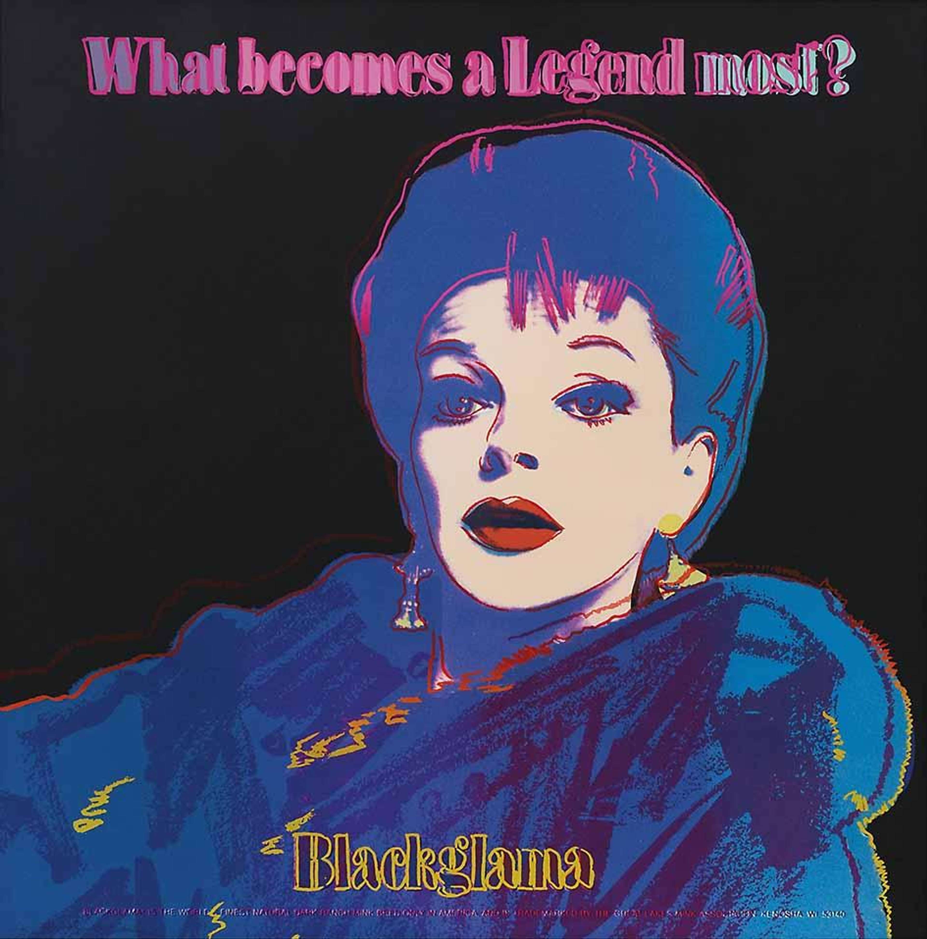 Judy Garland appears to the right of centre in a relaxed, three-quarter profile view. Her skin is awash with white as if glowing in the lights of a movie set. The electric blue, pink and yellow hues against the deep black background elevate her from the surface of the print.